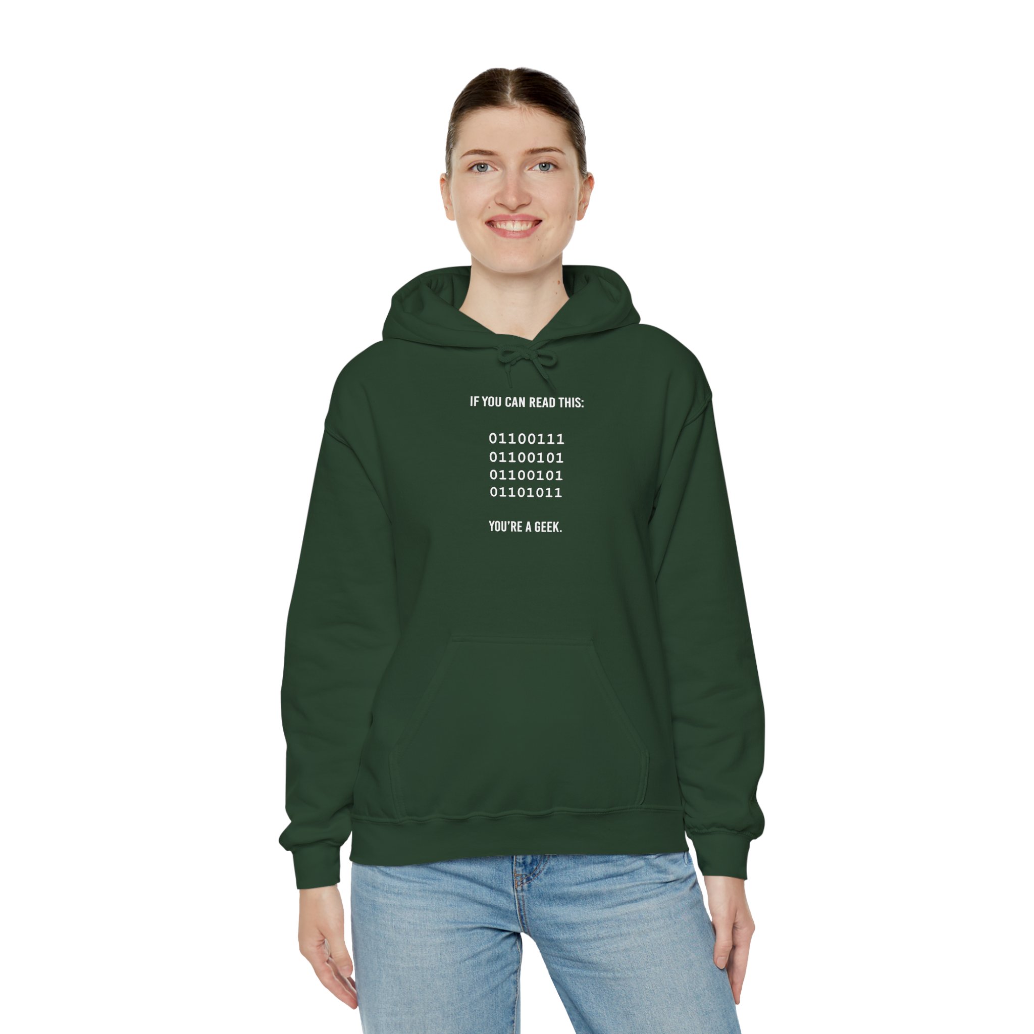 Geek Binary Code hoodie in Forest Green, worn by a model, third view