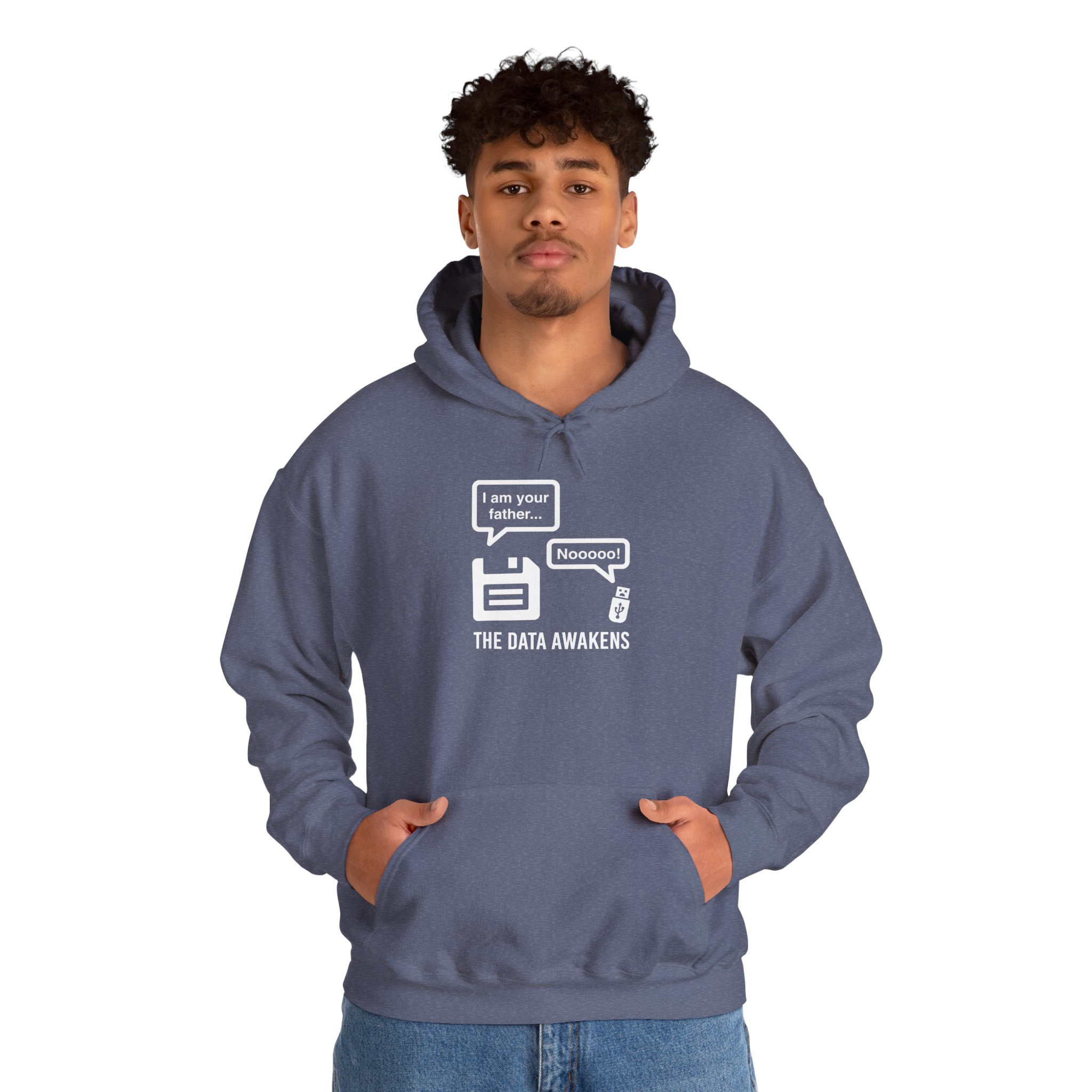 The Data Awakens hoodie in Heather Navy, worn by a model, second view