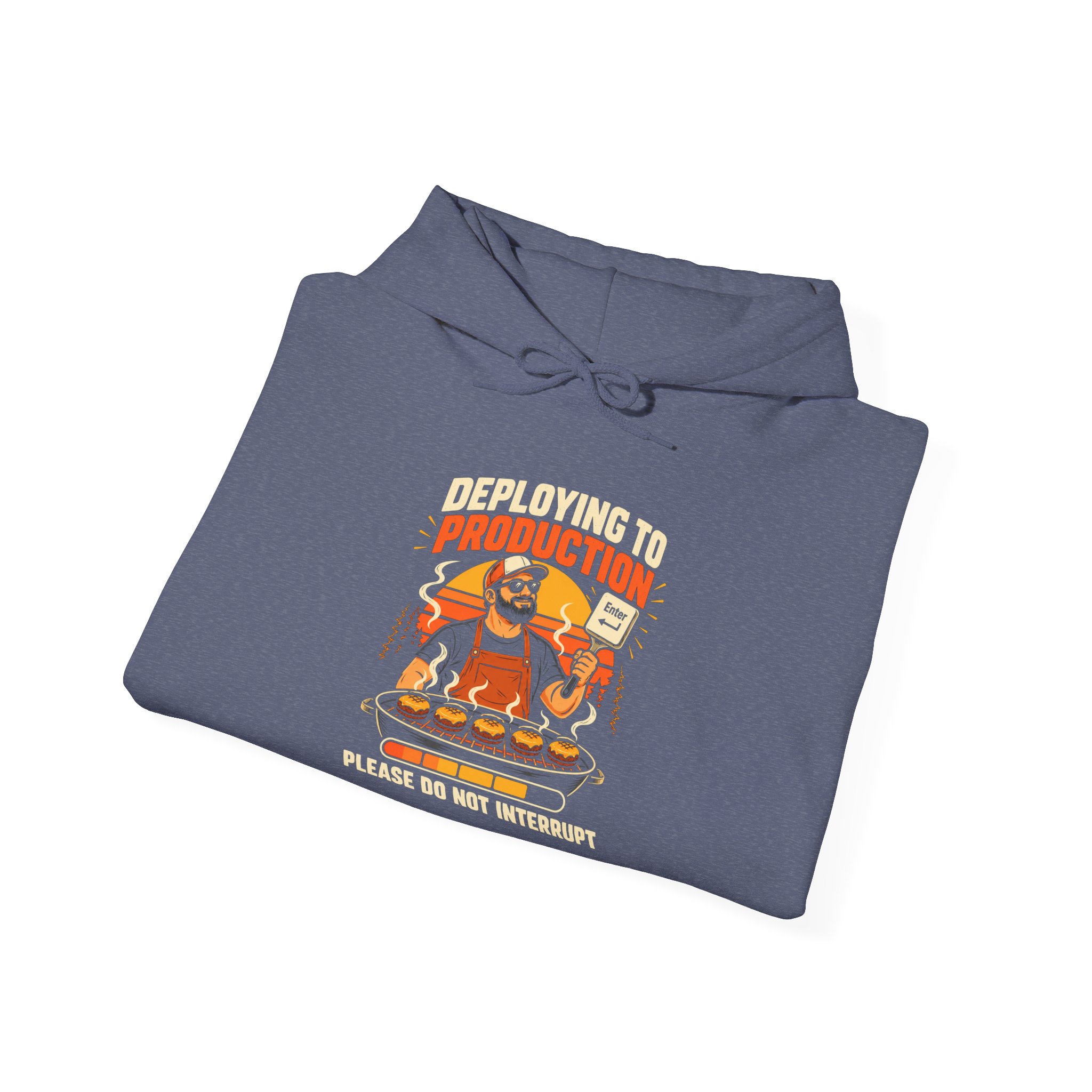 Deploying to Production hoodie in Heather Navy, folded