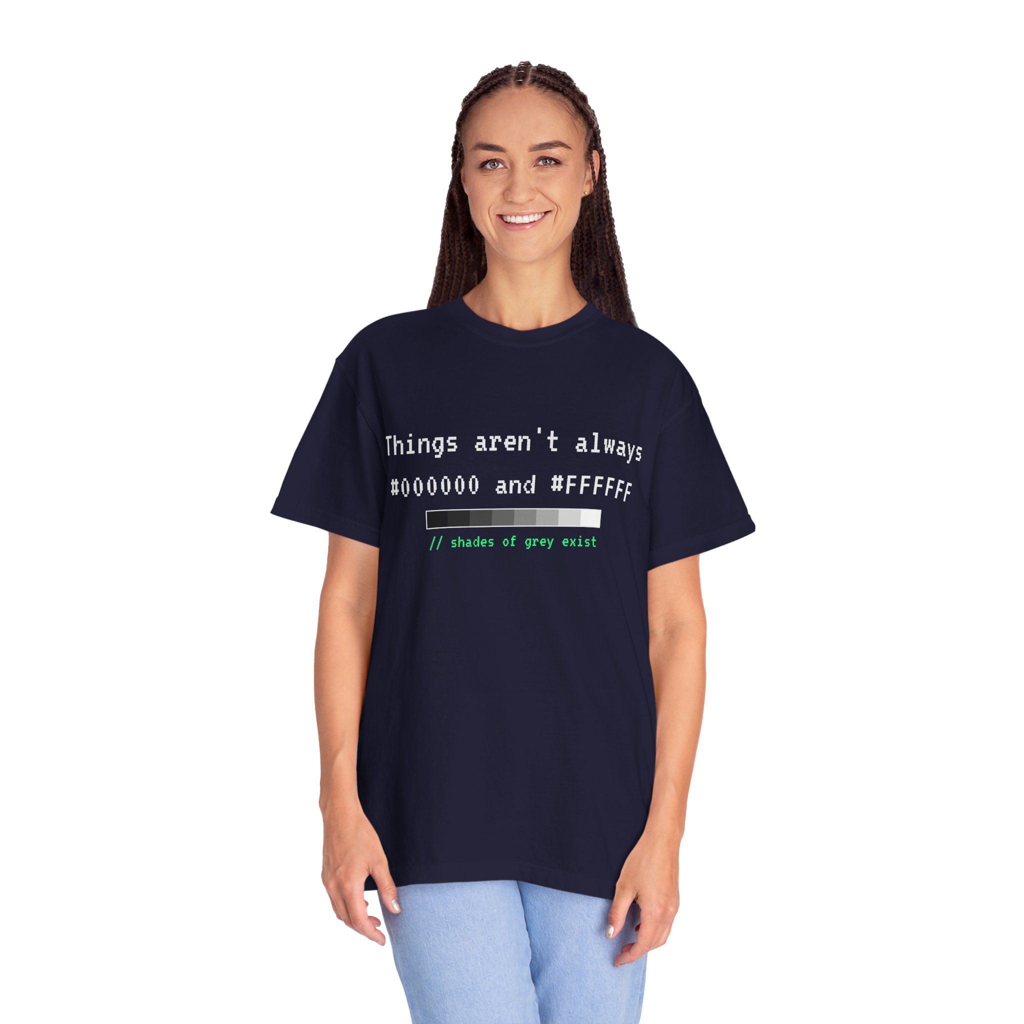 Shades of Grey Exist T-shirt in True Navy, worn by a woman