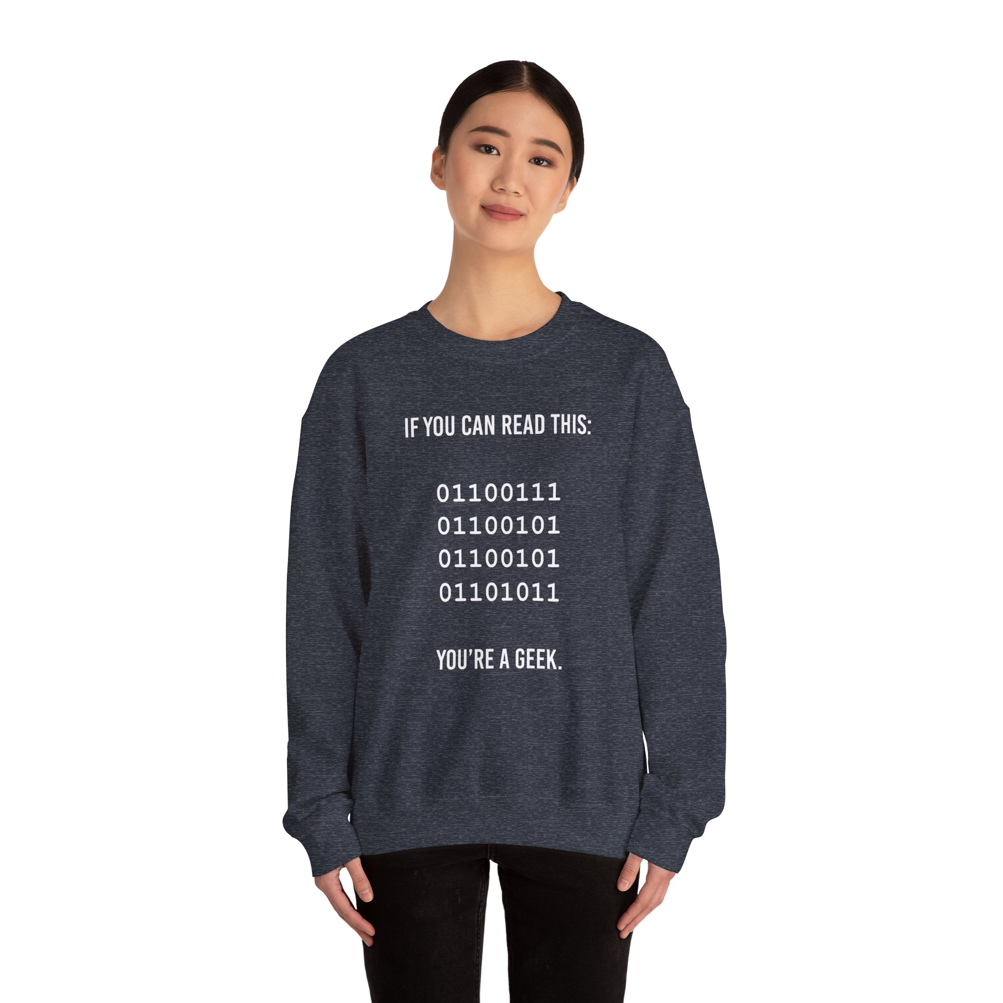 Geek Binary Code crewneck sweatshirt in Heather Sport Dark Navy, worn by a model