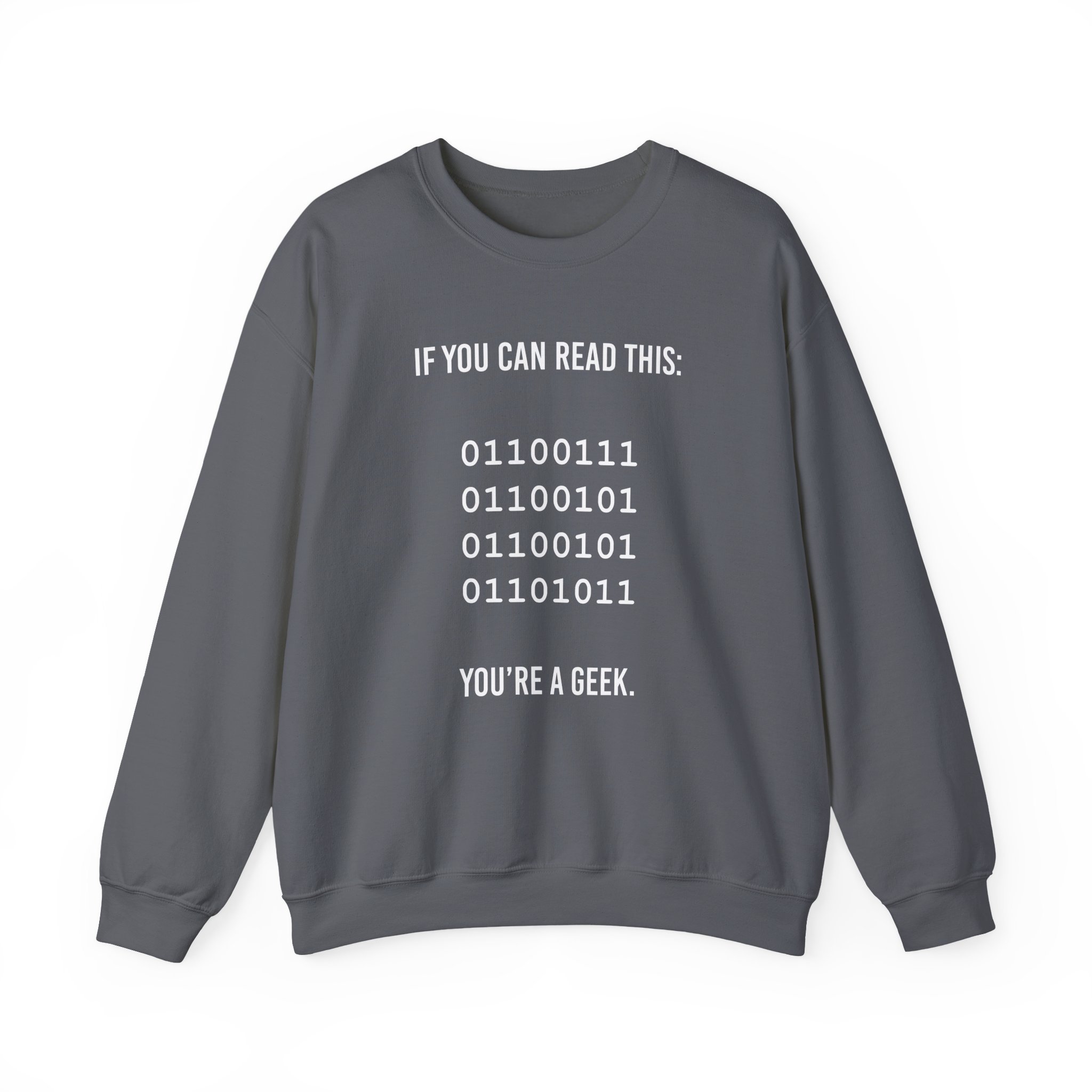 Geek Binary Code crewneck sweatshirt in Charcoal, front view