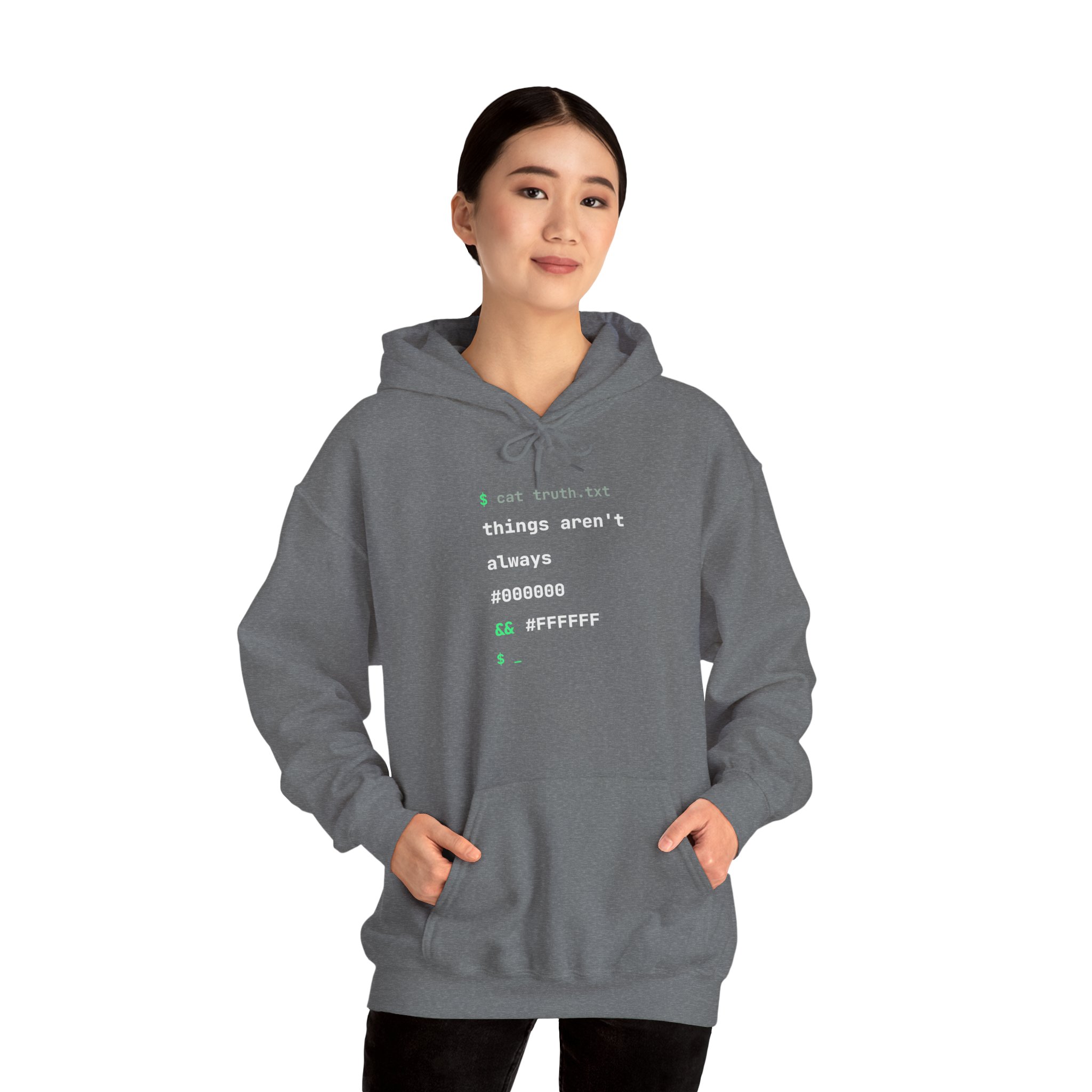 cat truth.txt hoodie in Graphite Heather, worn by a model