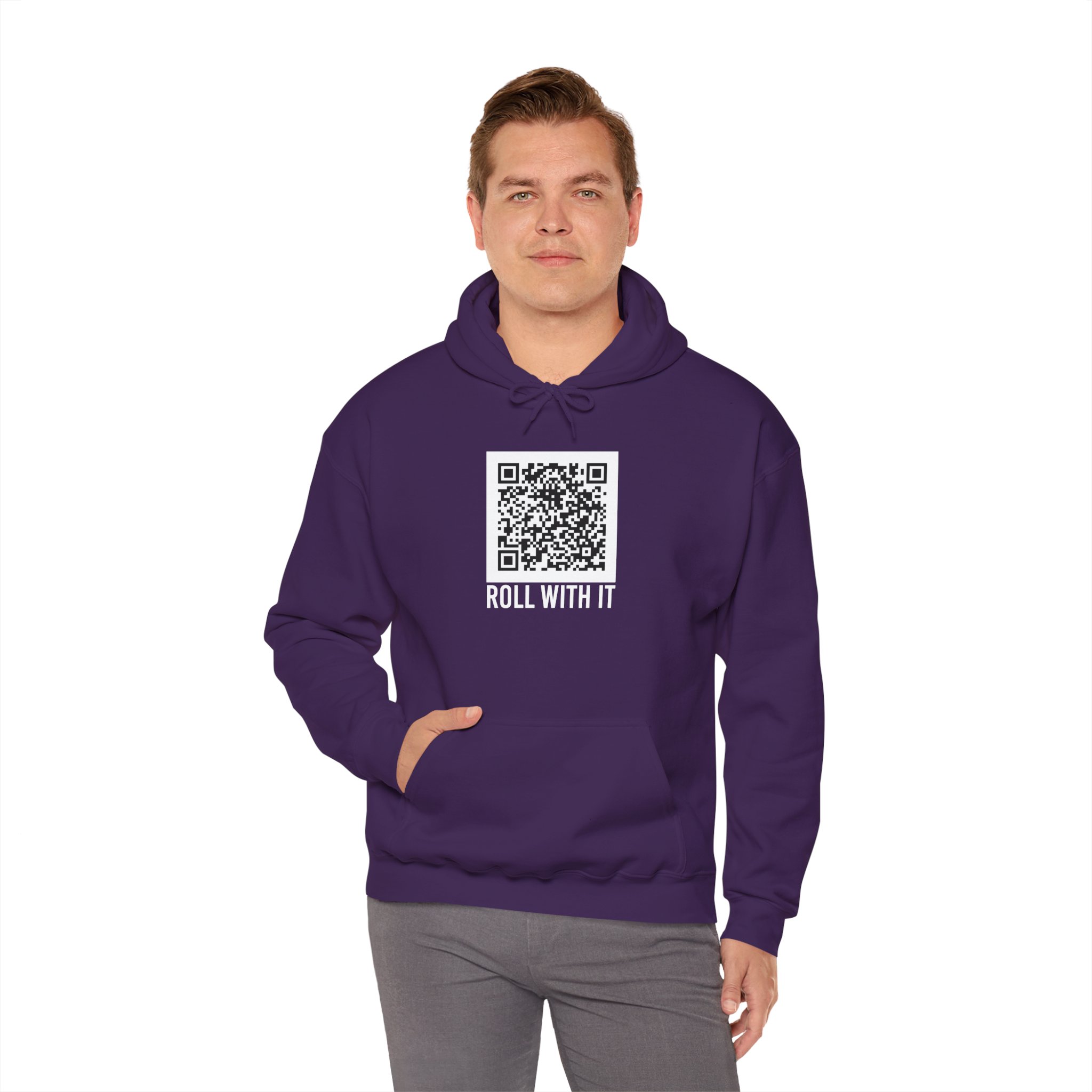 Roll With It QR Code hoodie in Purple, worn by a model, fourth view