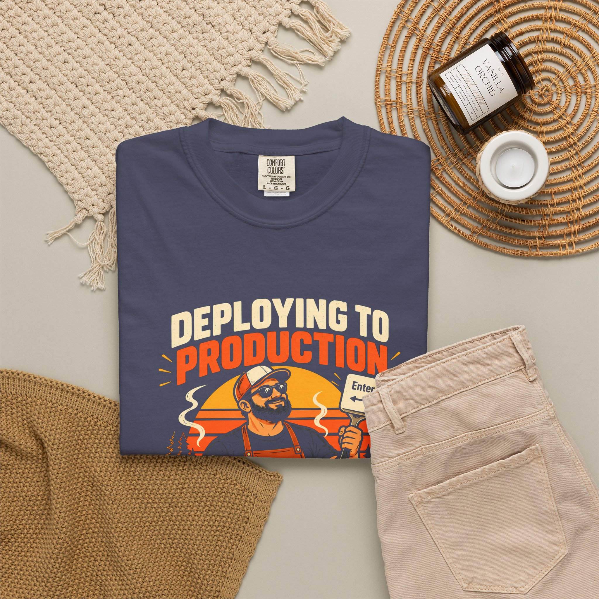 Deploying to Production T-shirt in Denim, folded 2