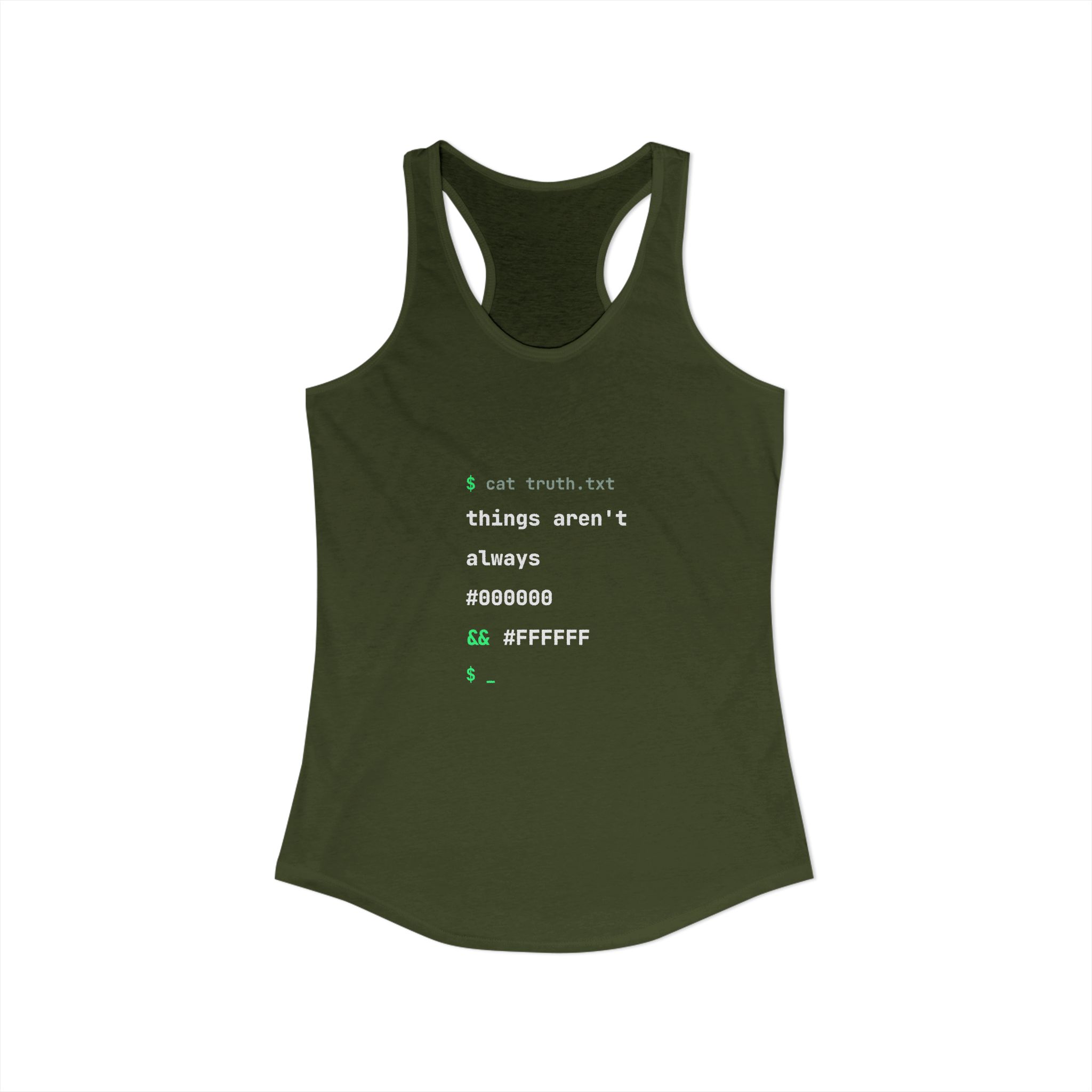 cat truth.txt women's racerback tank in Solid Military Green, front view