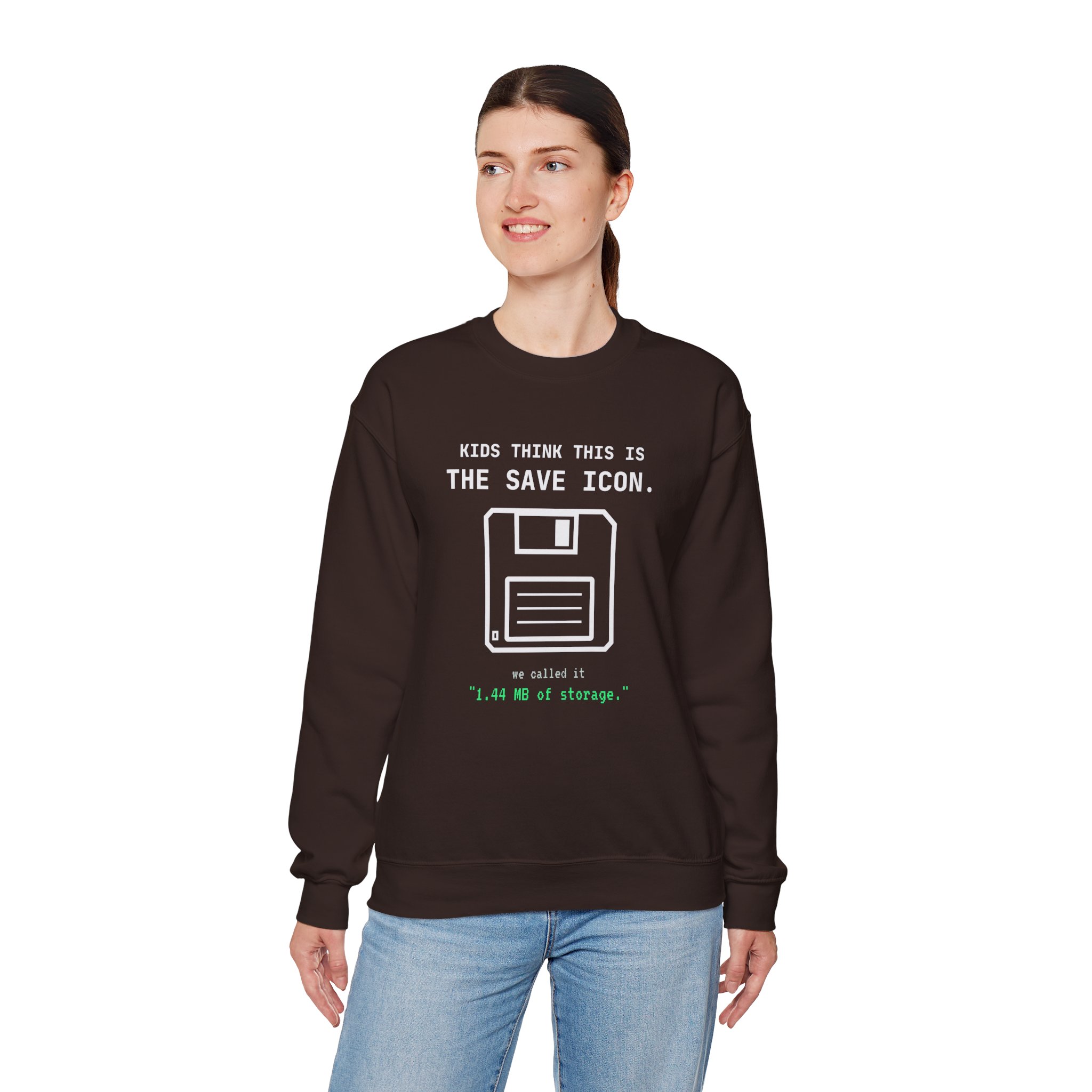 The Original Save Icon crewneck sweatshirt in Dark Chocolate, worn by a model, fourth view