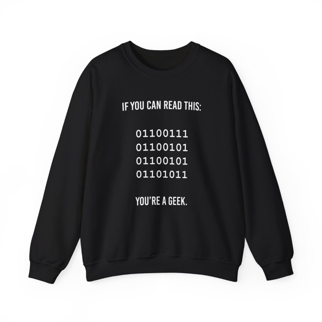 Geek Binary Code crewneck sweatshirt in Black, front view