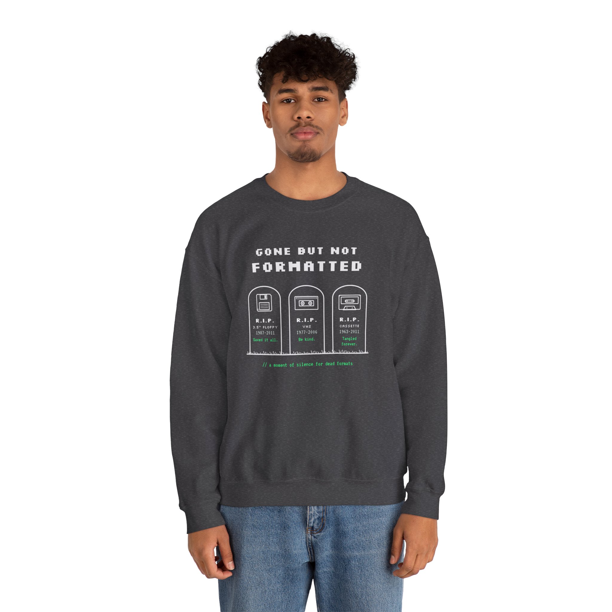 Gone But Not Formatted crewneck sweatshirt in Dark Heather, worn by a model, second view