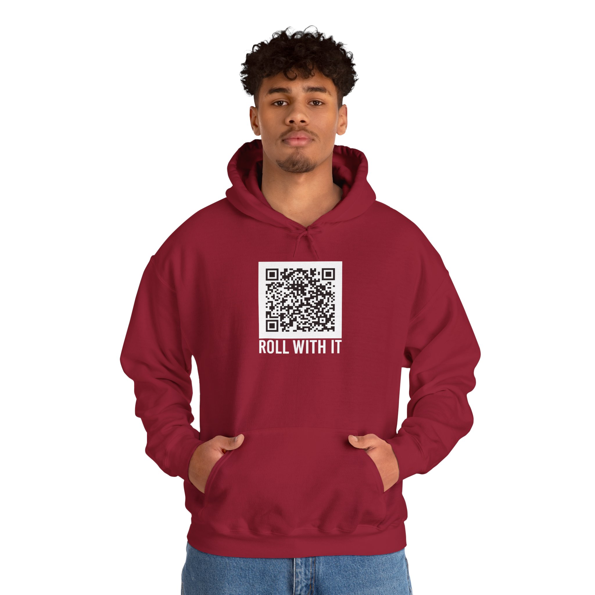 Roll With It QR Code hoodie in Cardinal Red, worn by a model, second view