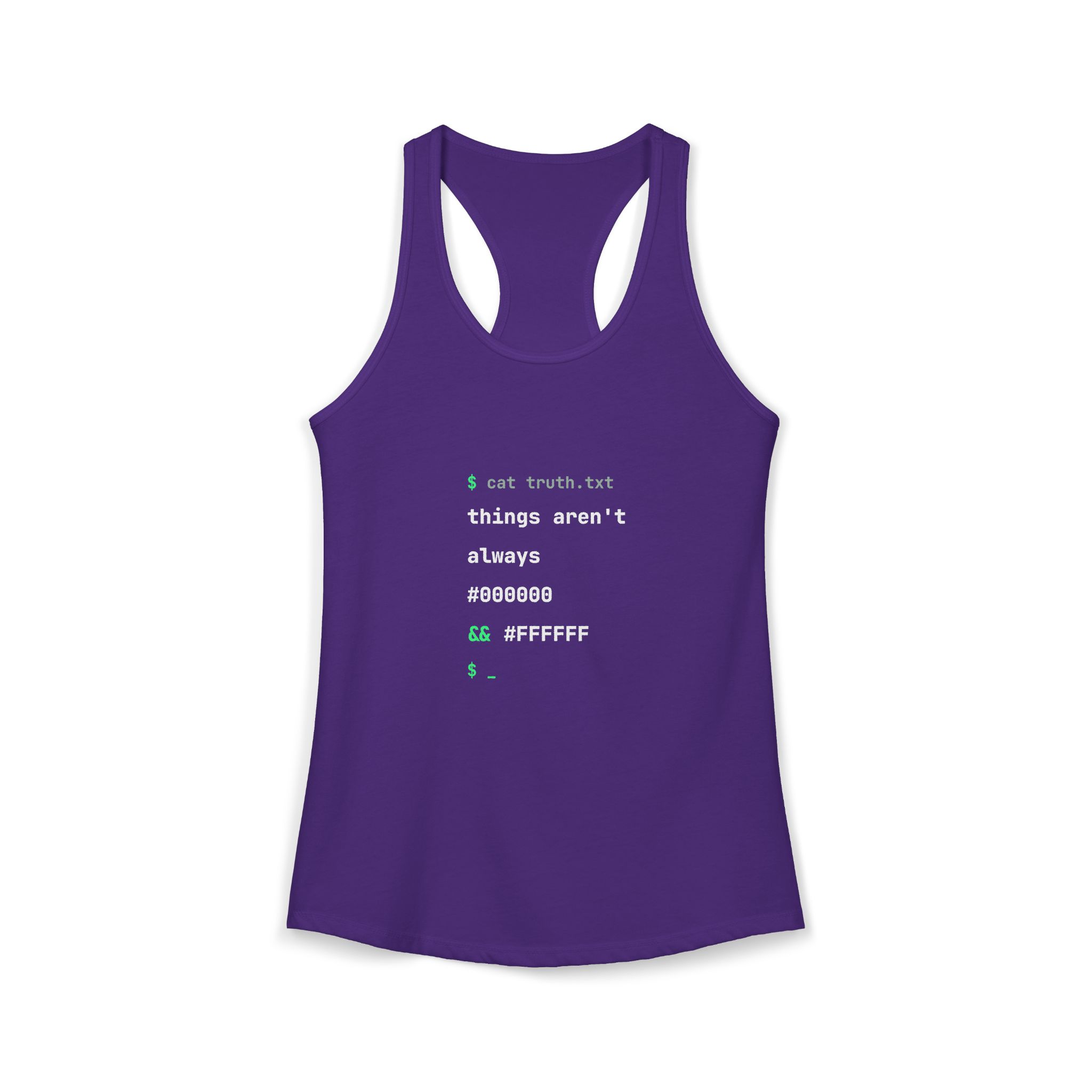 cat truth.txt women's racerback tank in Solid Purple Rush, front 2