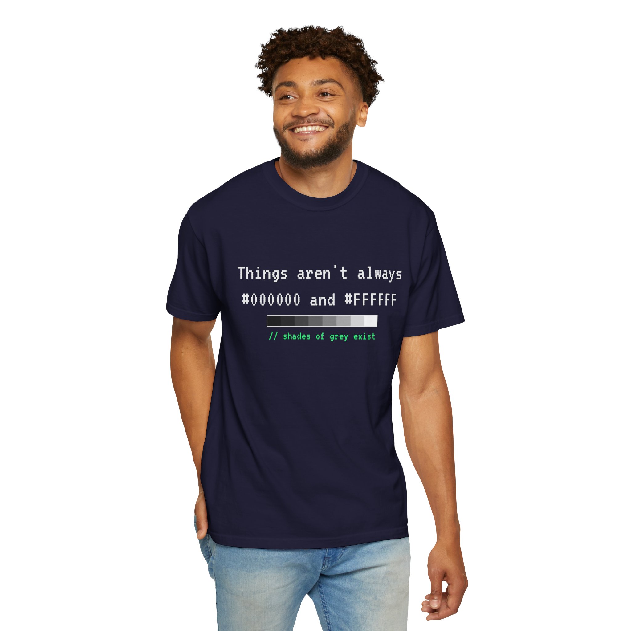 Shades of Grey Exist T-shirt in True Navy, worn by a man, second model