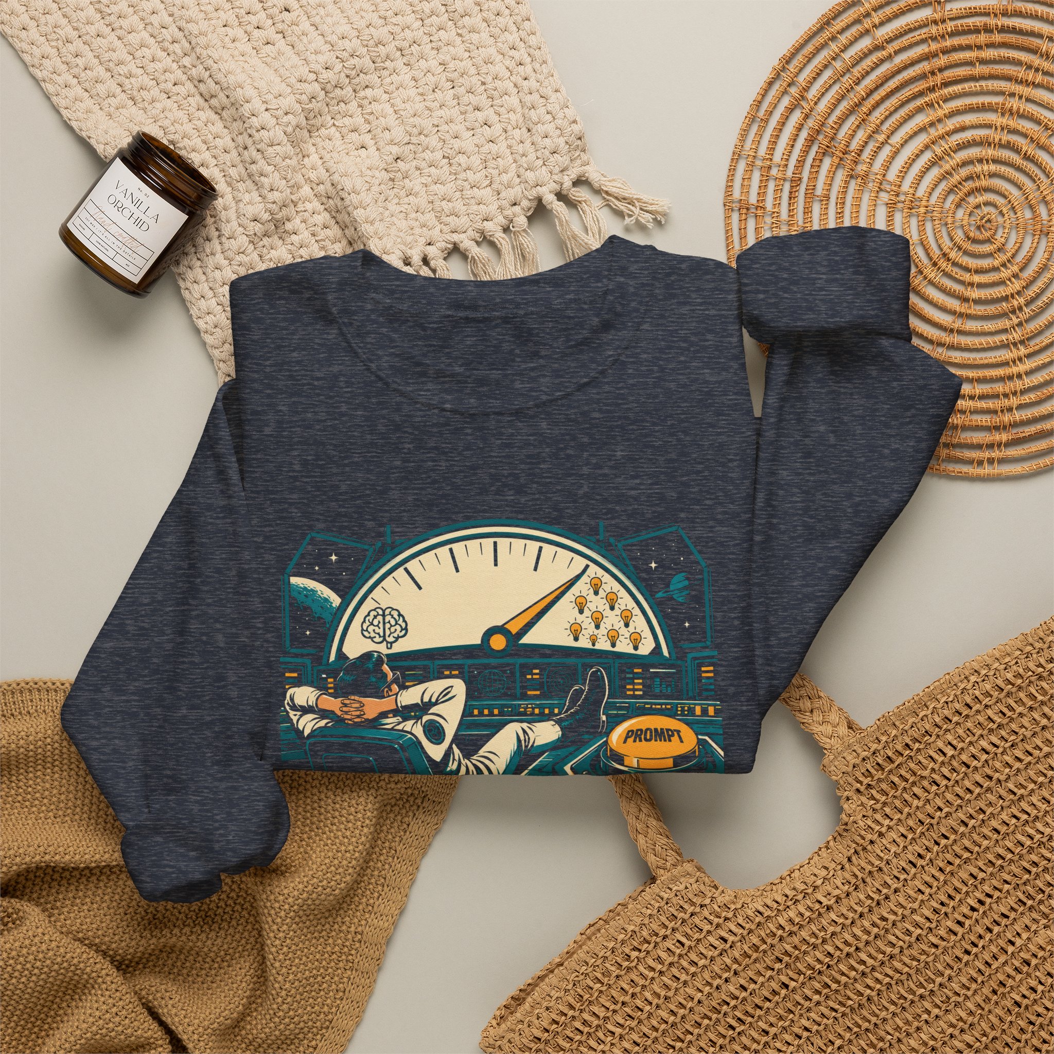 Prompt Mission Control crewneck sweatshirt in Heather Sport Dark Navy, folded 2