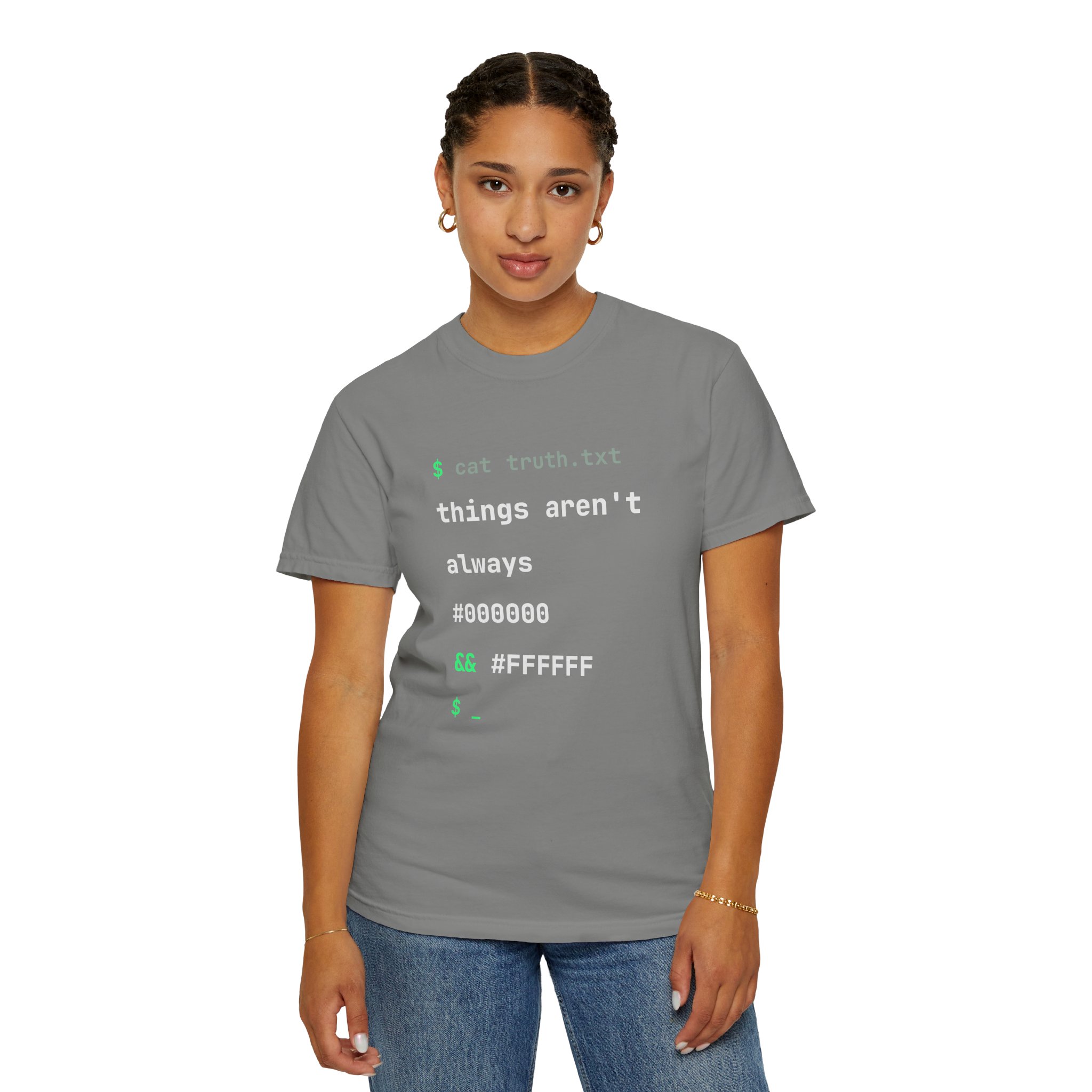 cat truth.txt T-shirt in Granite, worn by a woman, second model