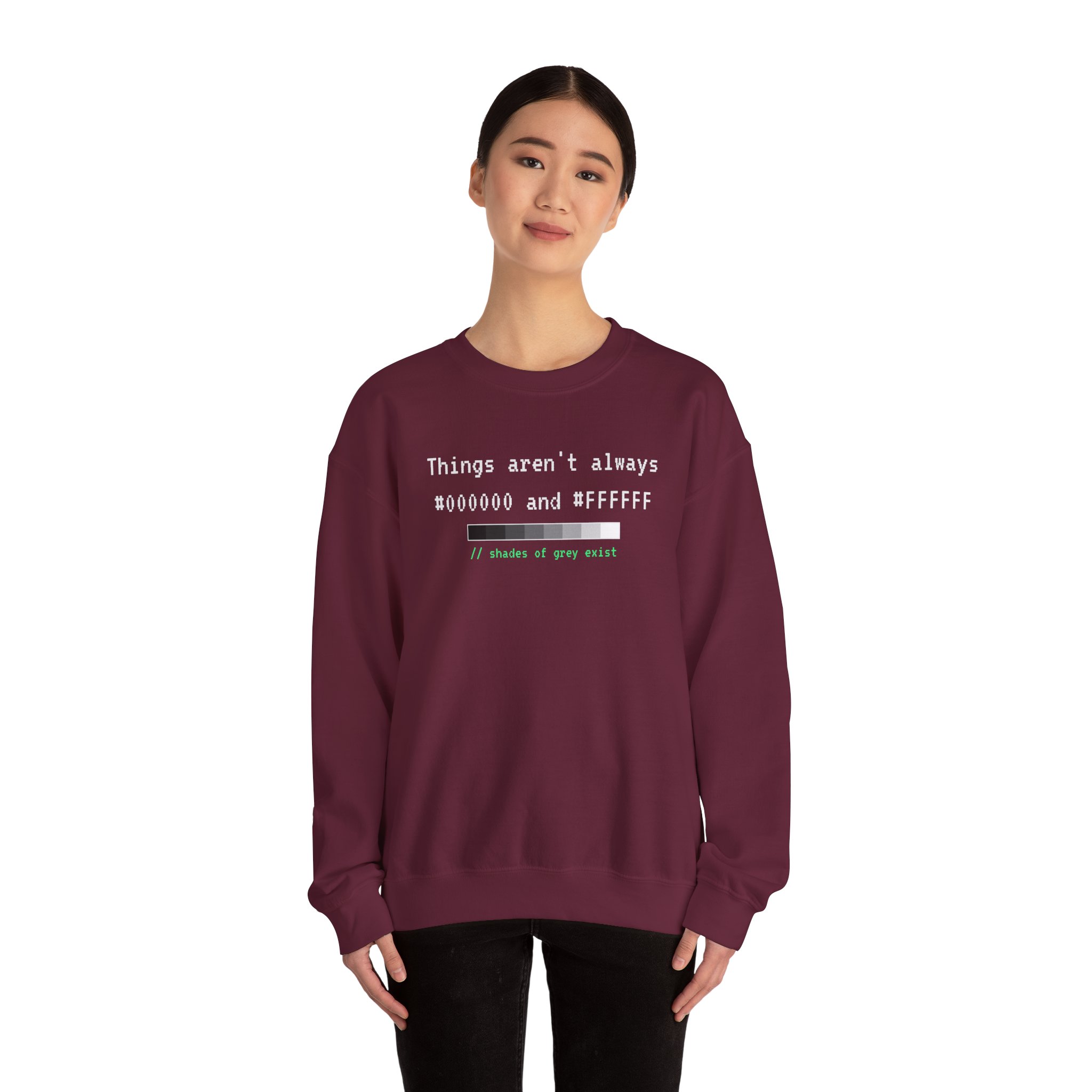 Shades of Grey Exist crewneck sweatshirt in Maroon, worn by a model