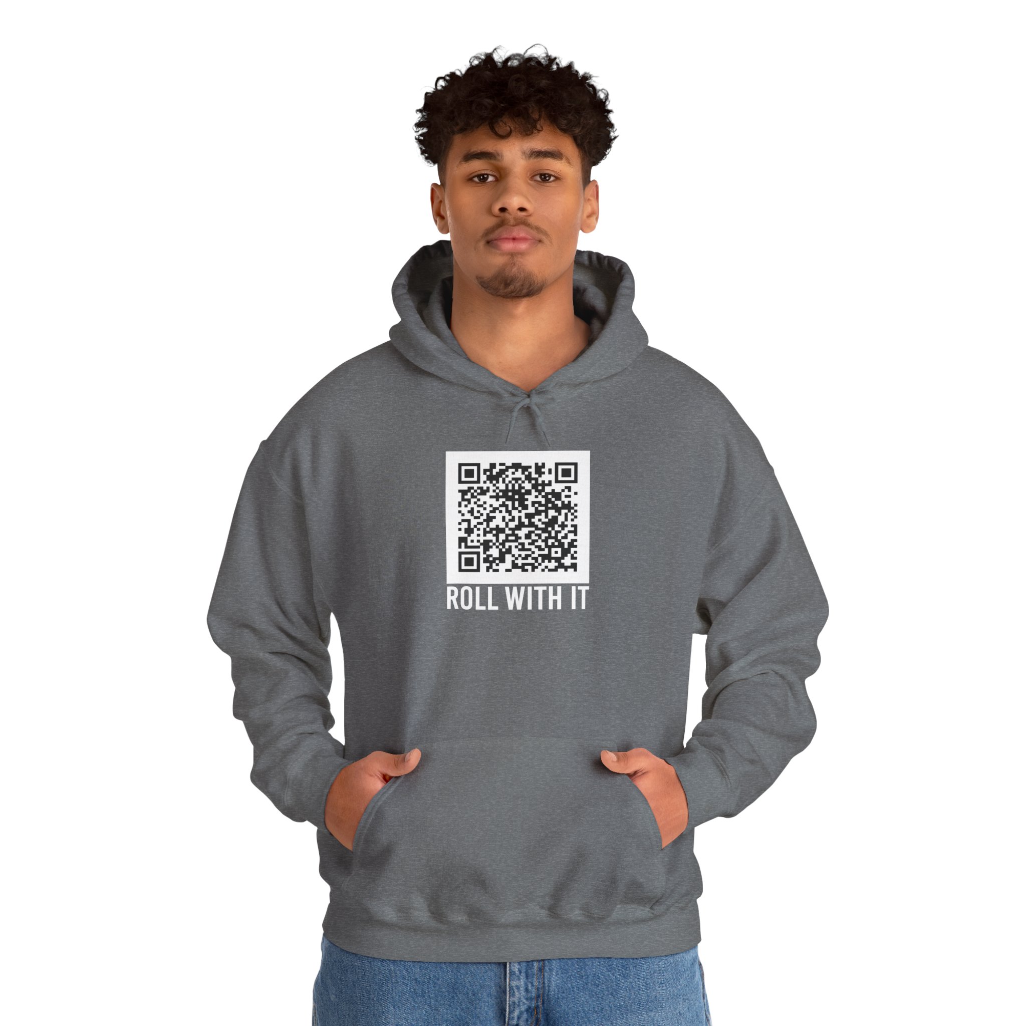 Roll With It QR Code hoodie in Graphite Heather, worn by a model, second view