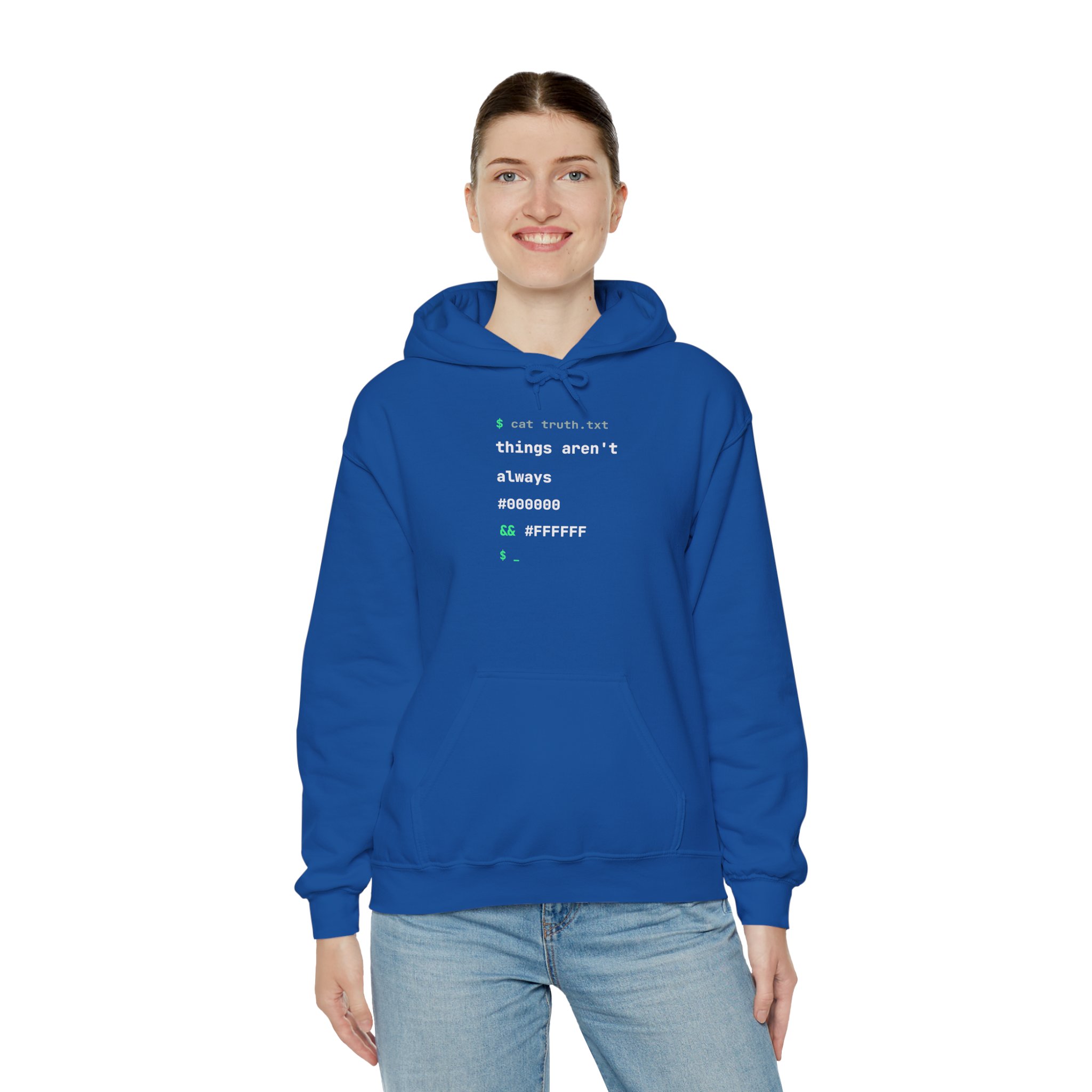 cat truth.txt hoodie in Royal, worn by a model, third view