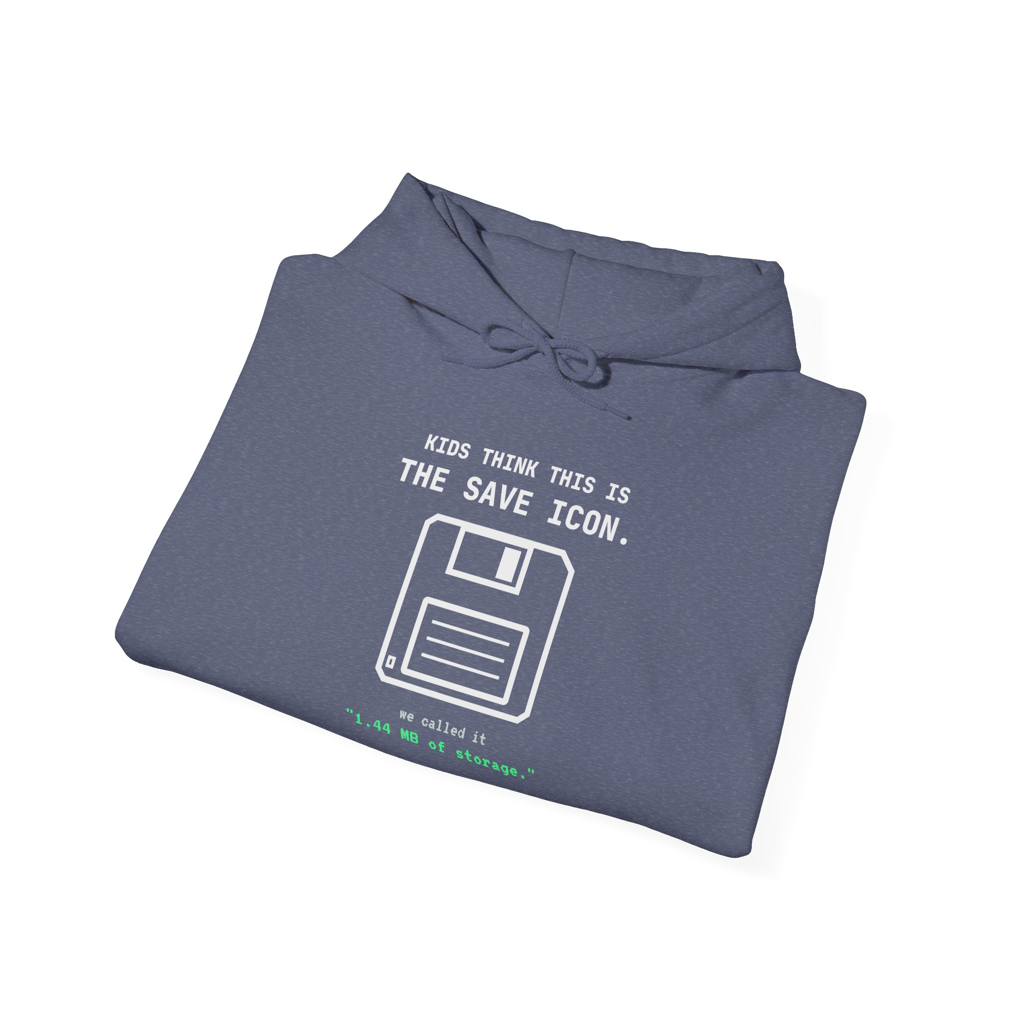 The Original Save Icon hoodie in Heather Navy, folded
