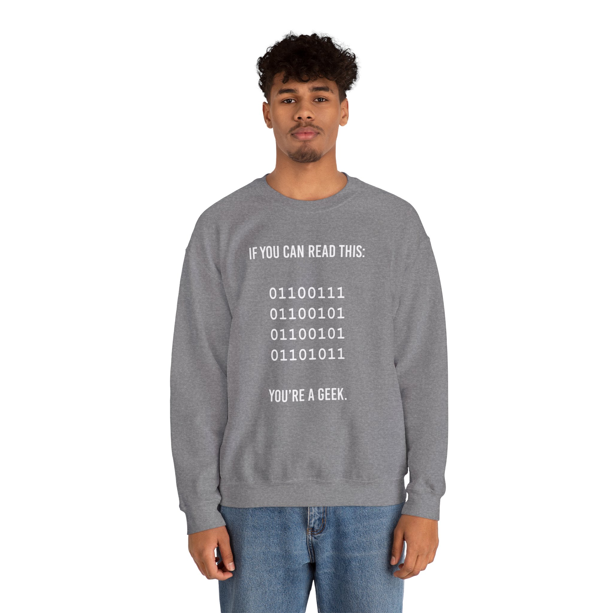 Geek Binary Code crewneck sweatshirt in Graphite Heather, worn by a model, second view
