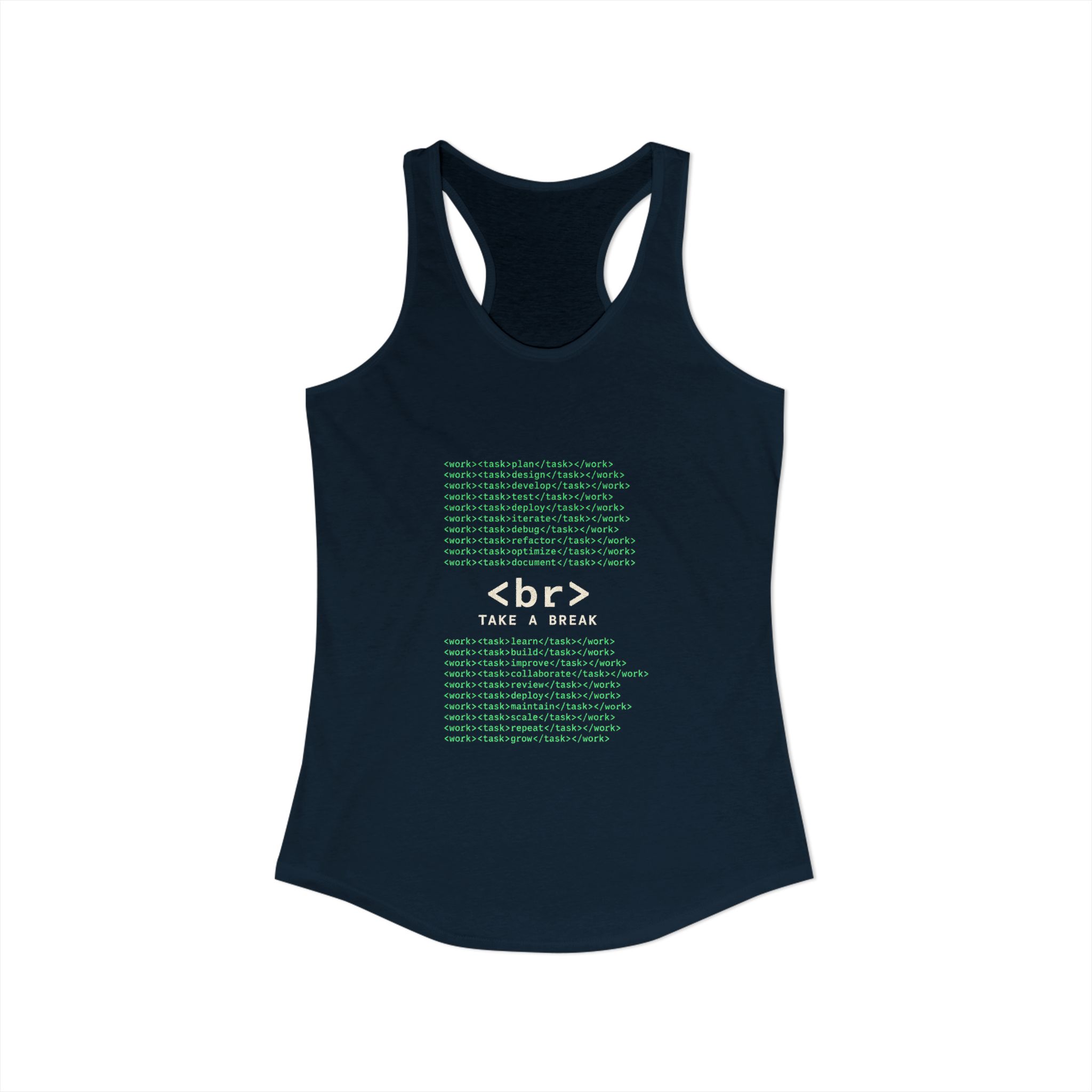 Work Work Break women's racerback tank in Solid Midnight Navy, front view