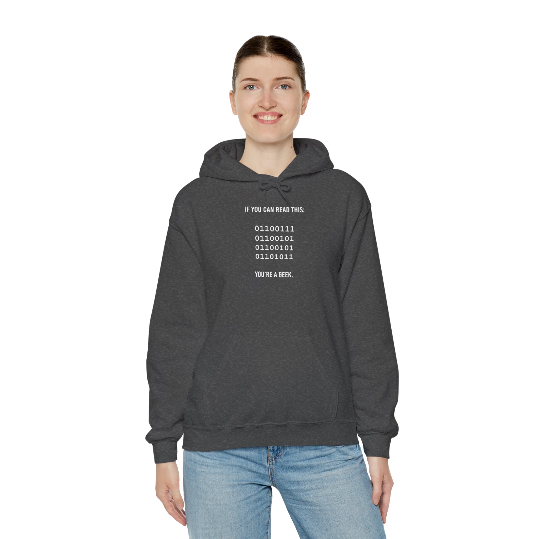Geek Binary Code hoodie in Dark Heather, worn by a model, third view