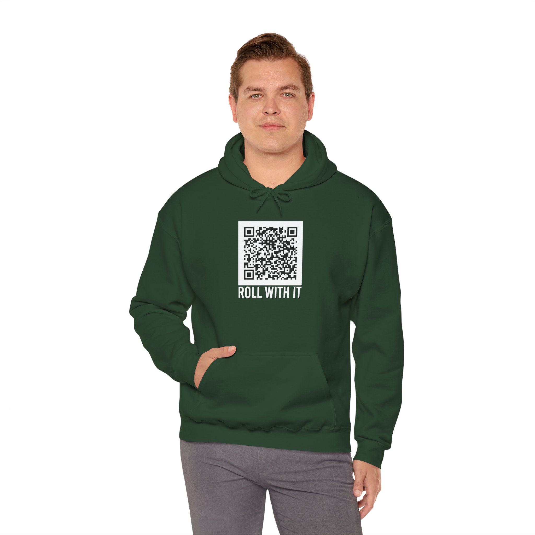 Roll With It QR Code hoodie in Forest Green, worn by a model, fourth view