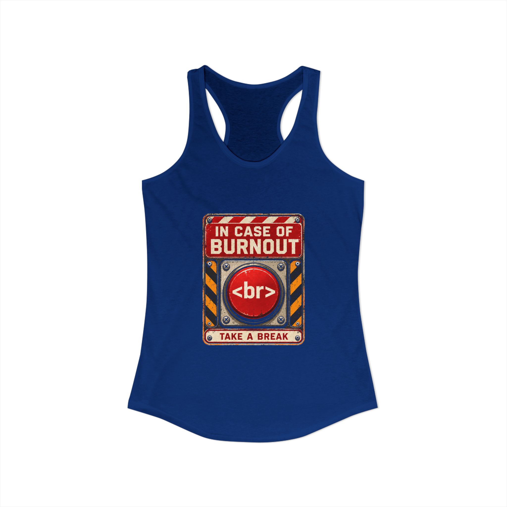 In Case of Burnout women's racerback tank in Solid Royal, front view