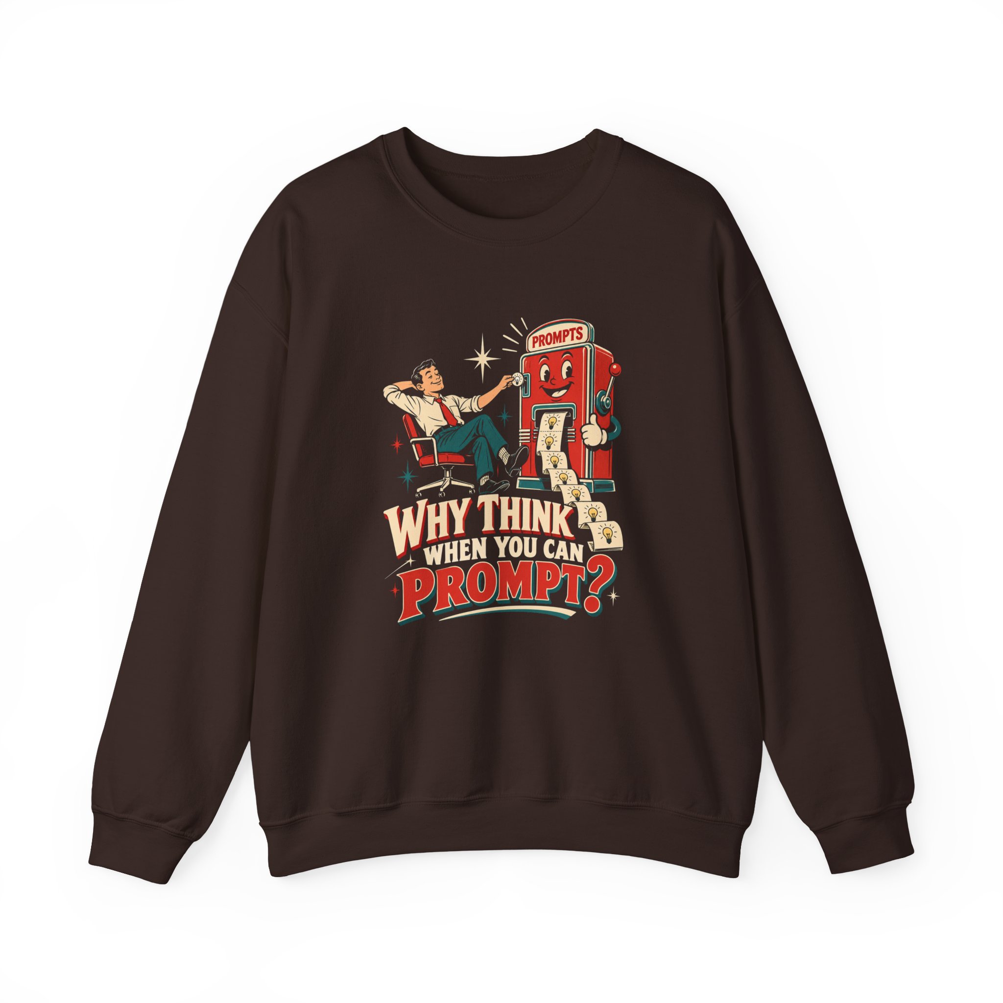 Prompt Machine crewneck sweatshirt in Dark Chocolate, front view