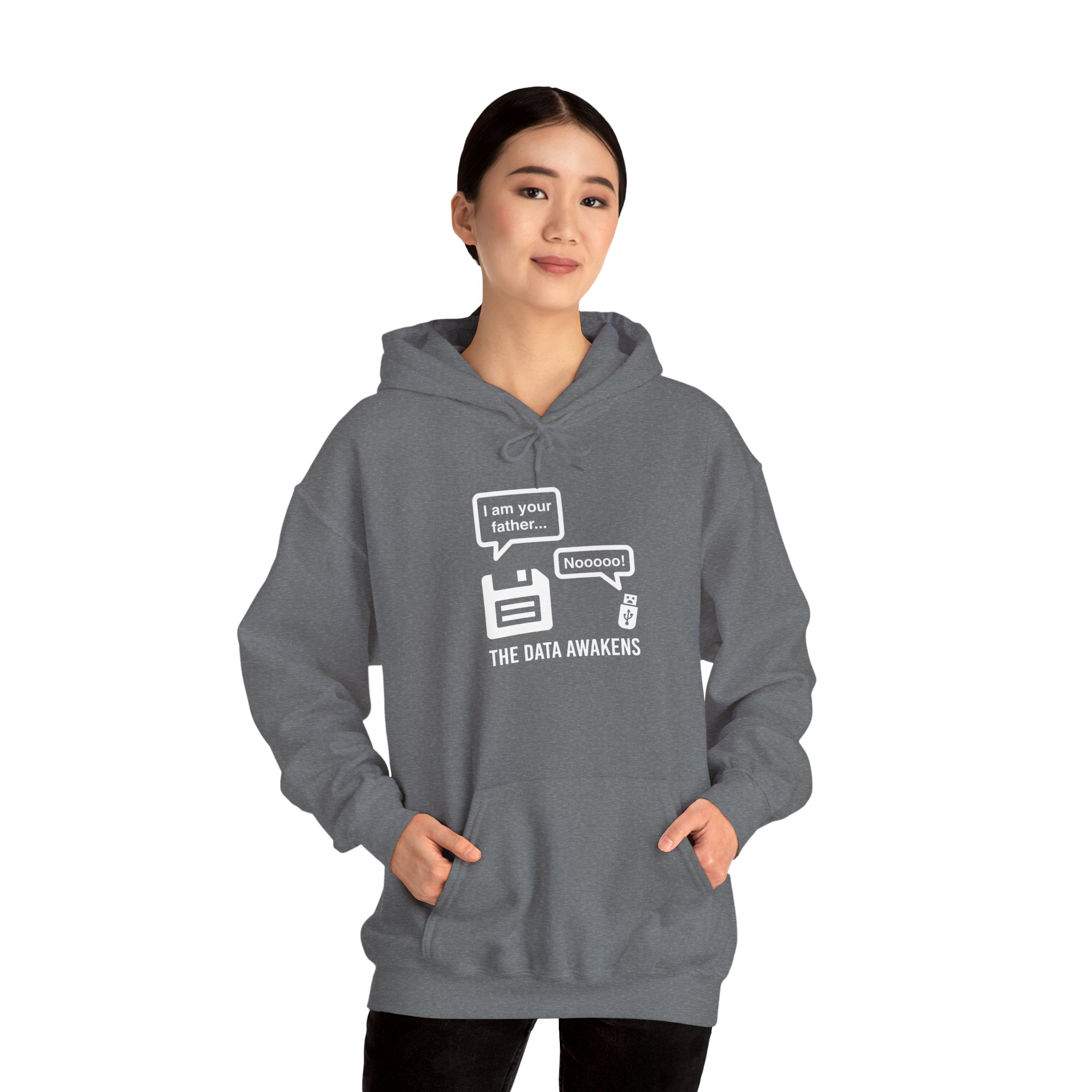 The Data Awakens hoodie in Graphite Heather, worn by a model