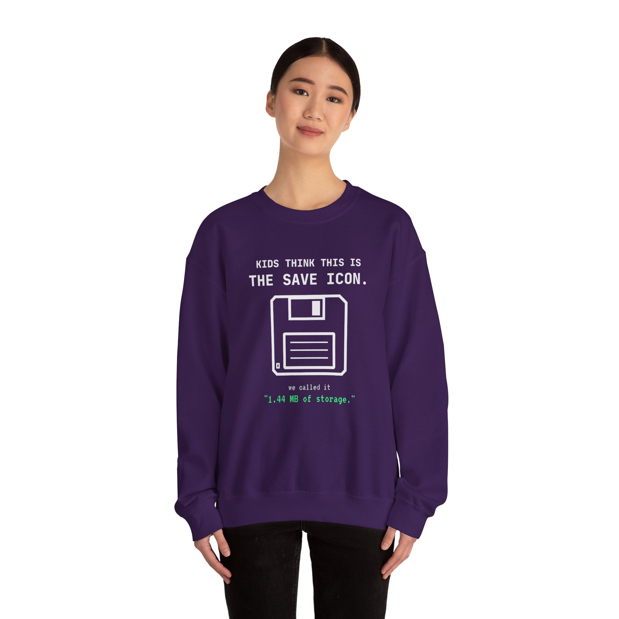 The Original Save Icon crewneck sweatshirt in Purple, worn by a model