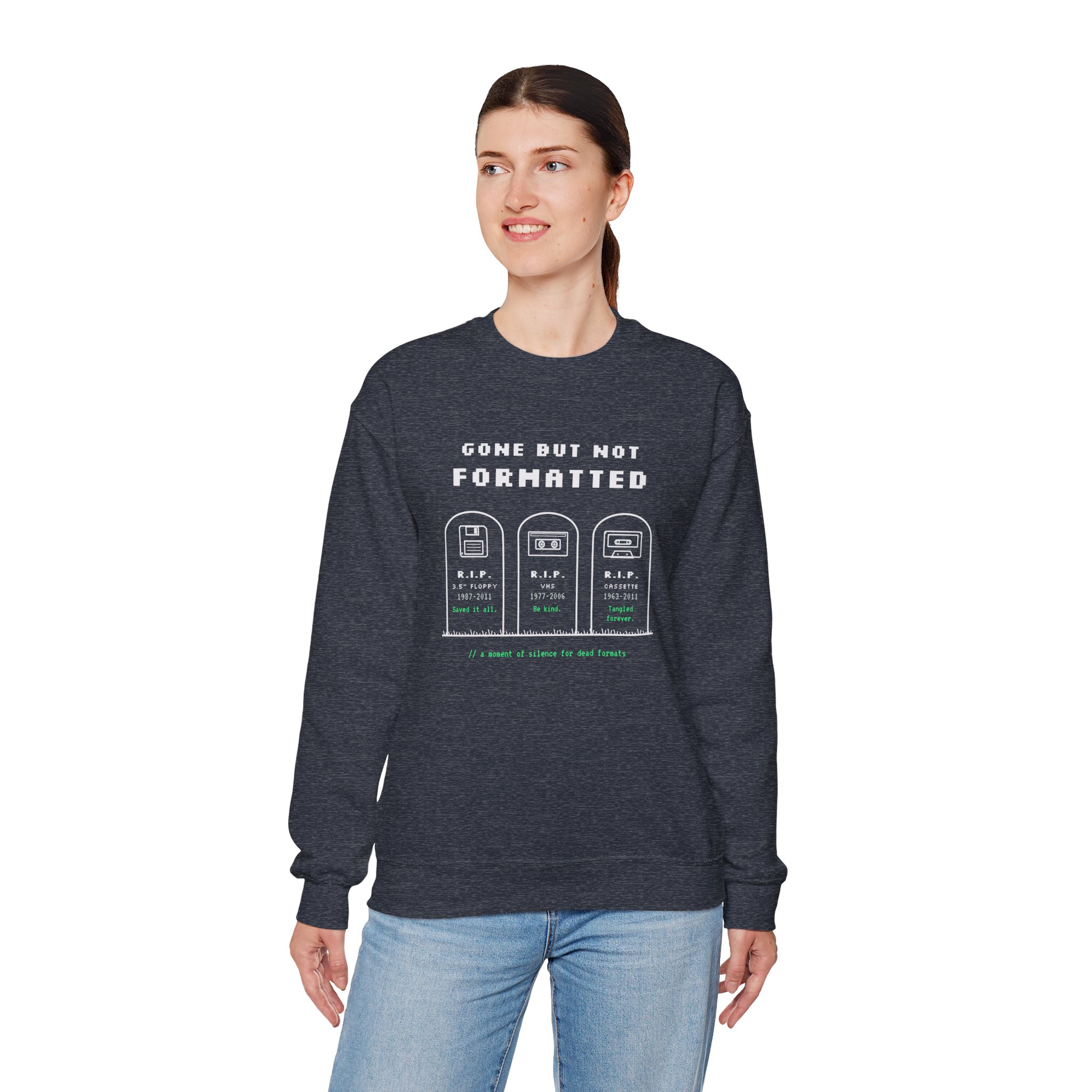 Gone But Not Formatted crewneck sweatshirt in Heather Sport Dark Navy, worn by a model, fourth view