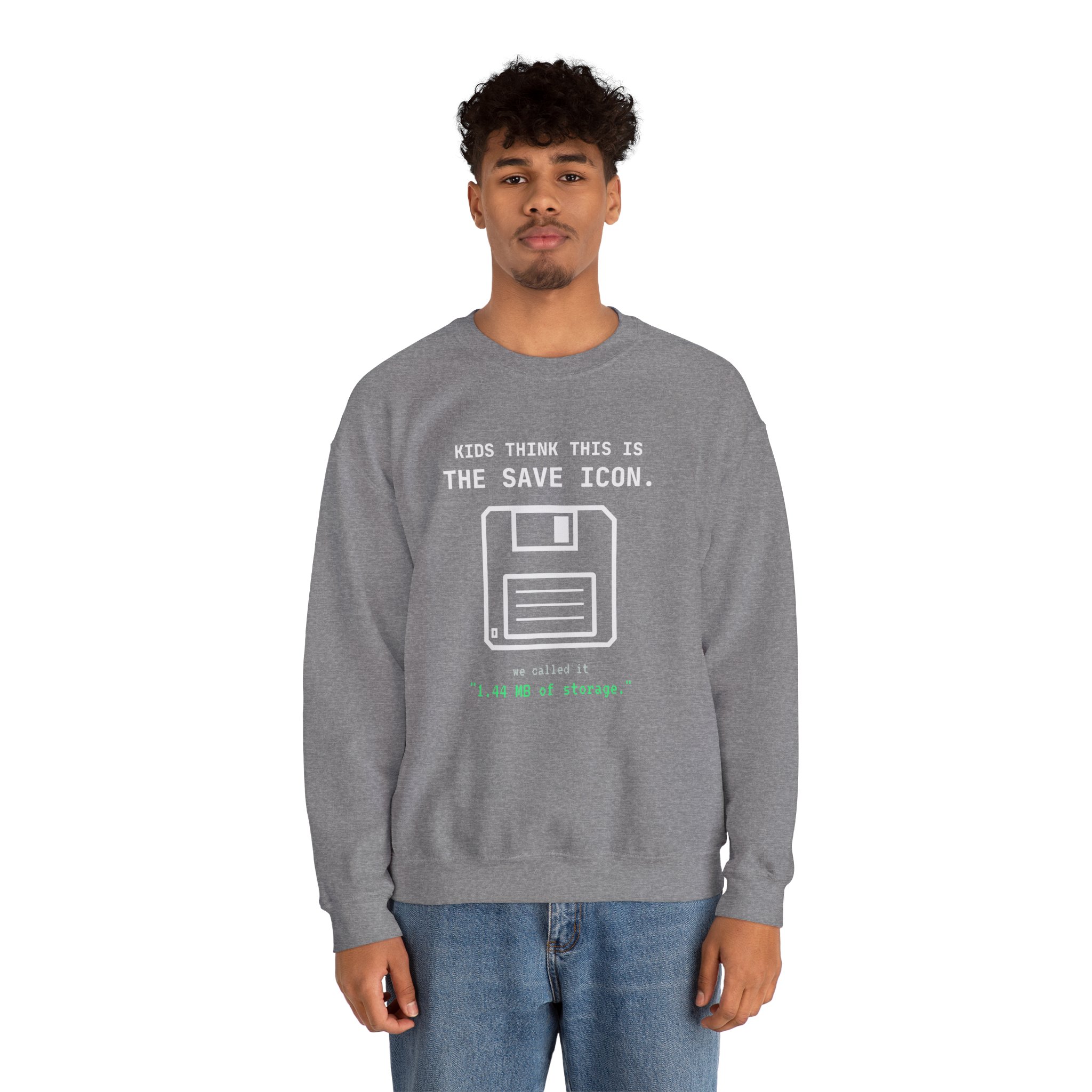 The Original Save Icon crewneck sweatshirt in Graphite Heather, worn by a model, second view