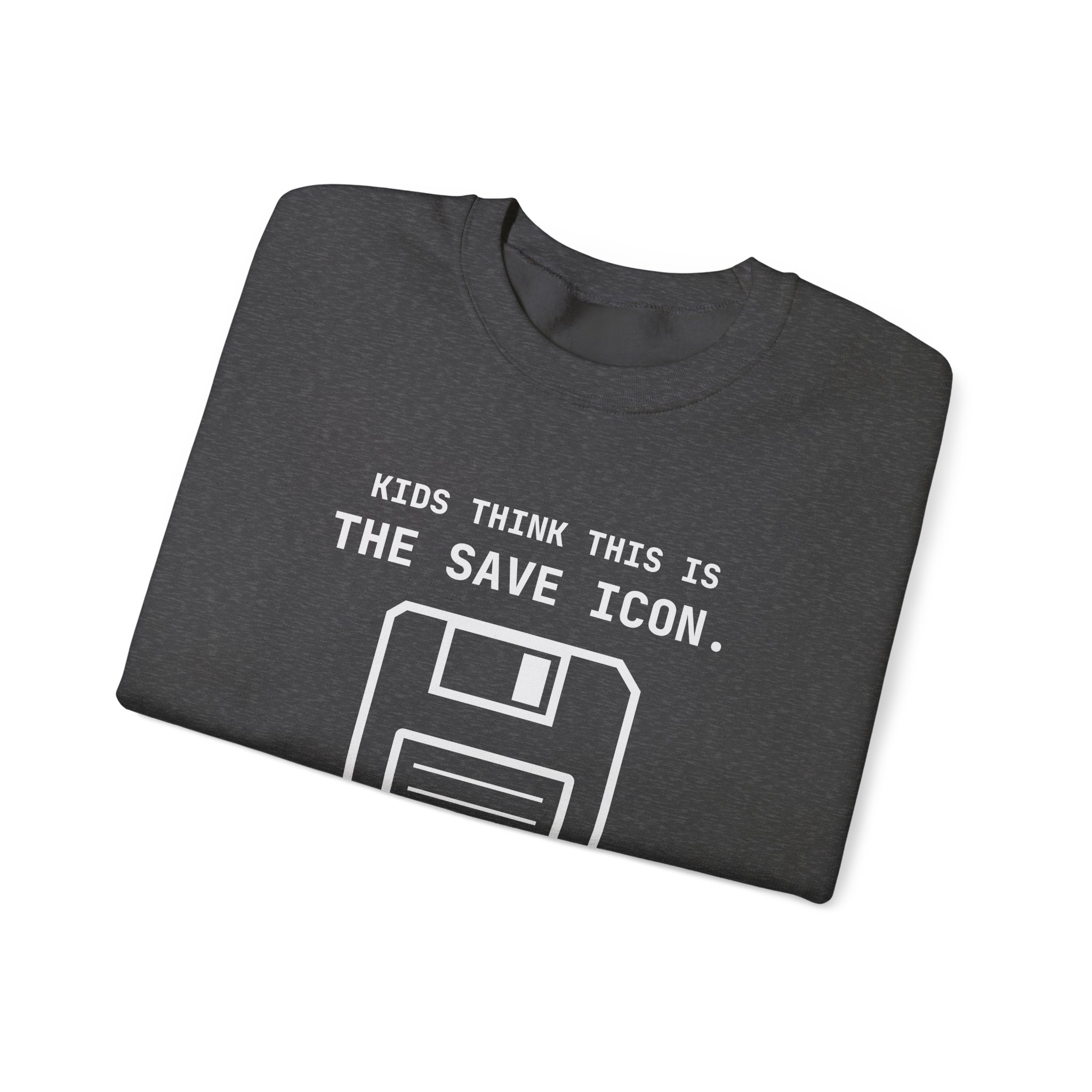 The Original Save Icon crewneck sweatshirt in Dark Heather, folded