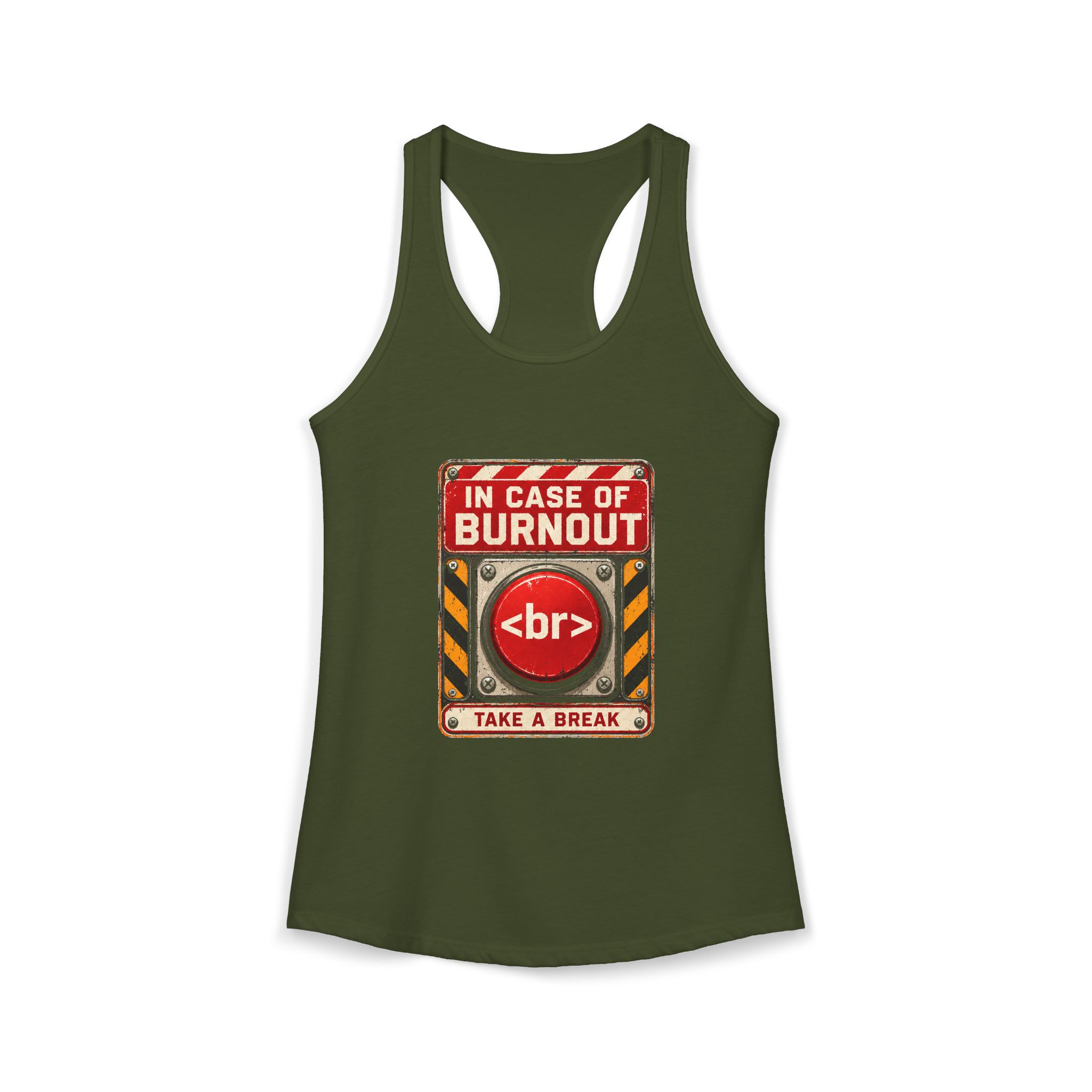 In Case of Burnout women's racerback tank in Solid Military Green, front 2