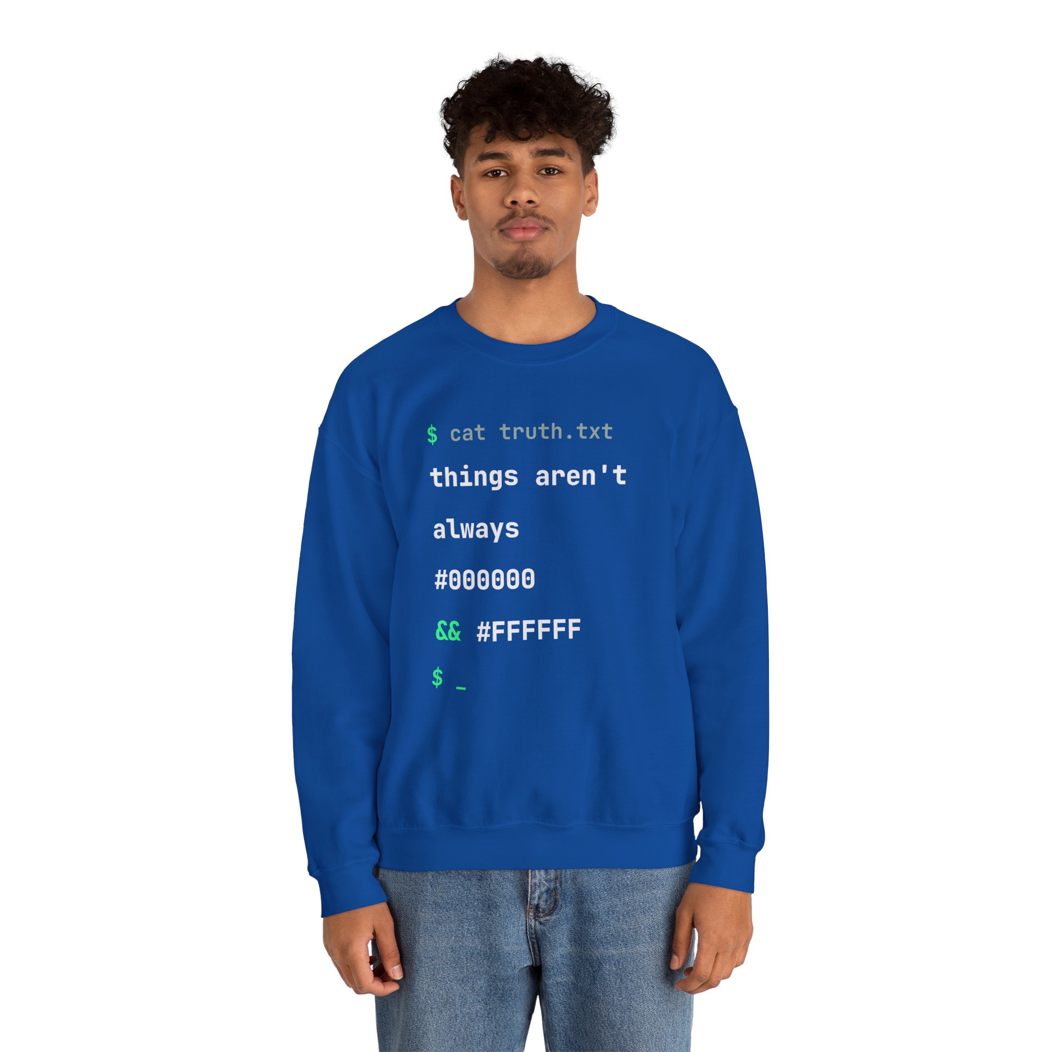 cat truth.txt crewneck sweatshirt in Royal, worn by a model, second view