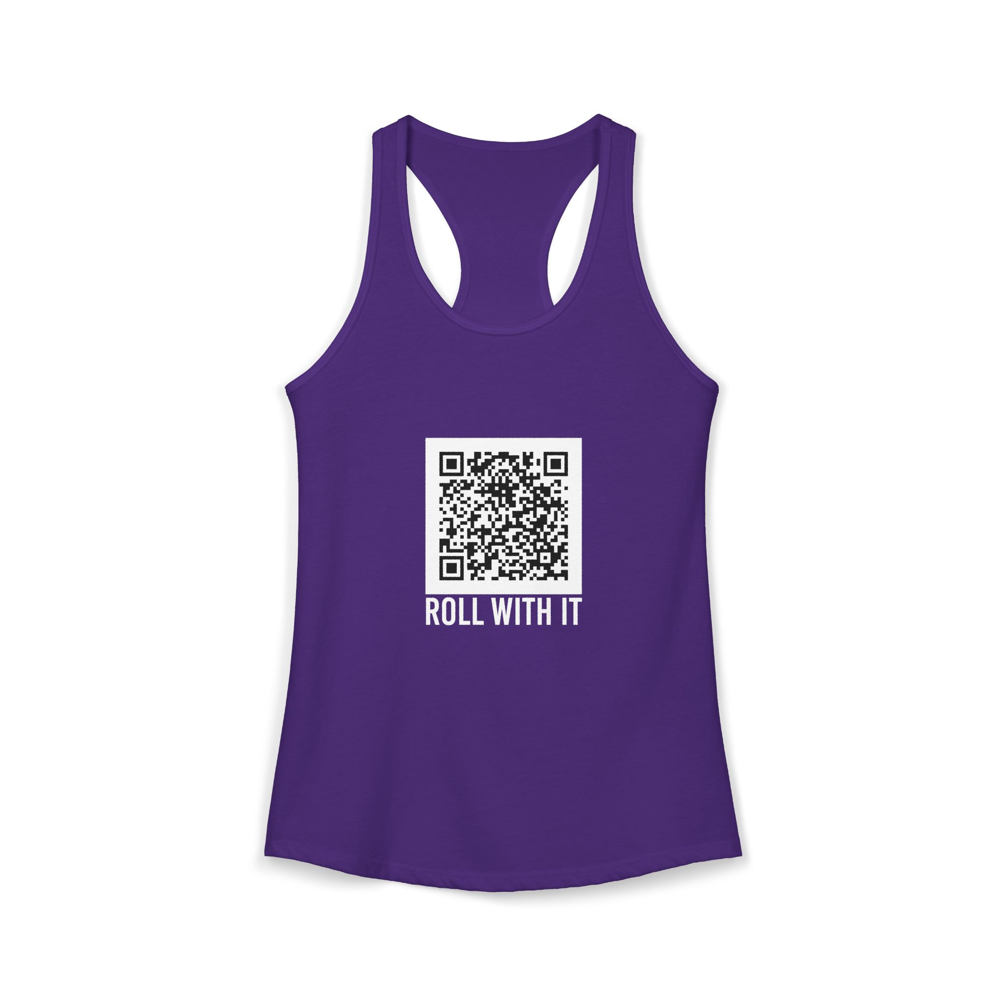 Roll With It QR Code women's racerback tank in Solid Purple Rush, front 2