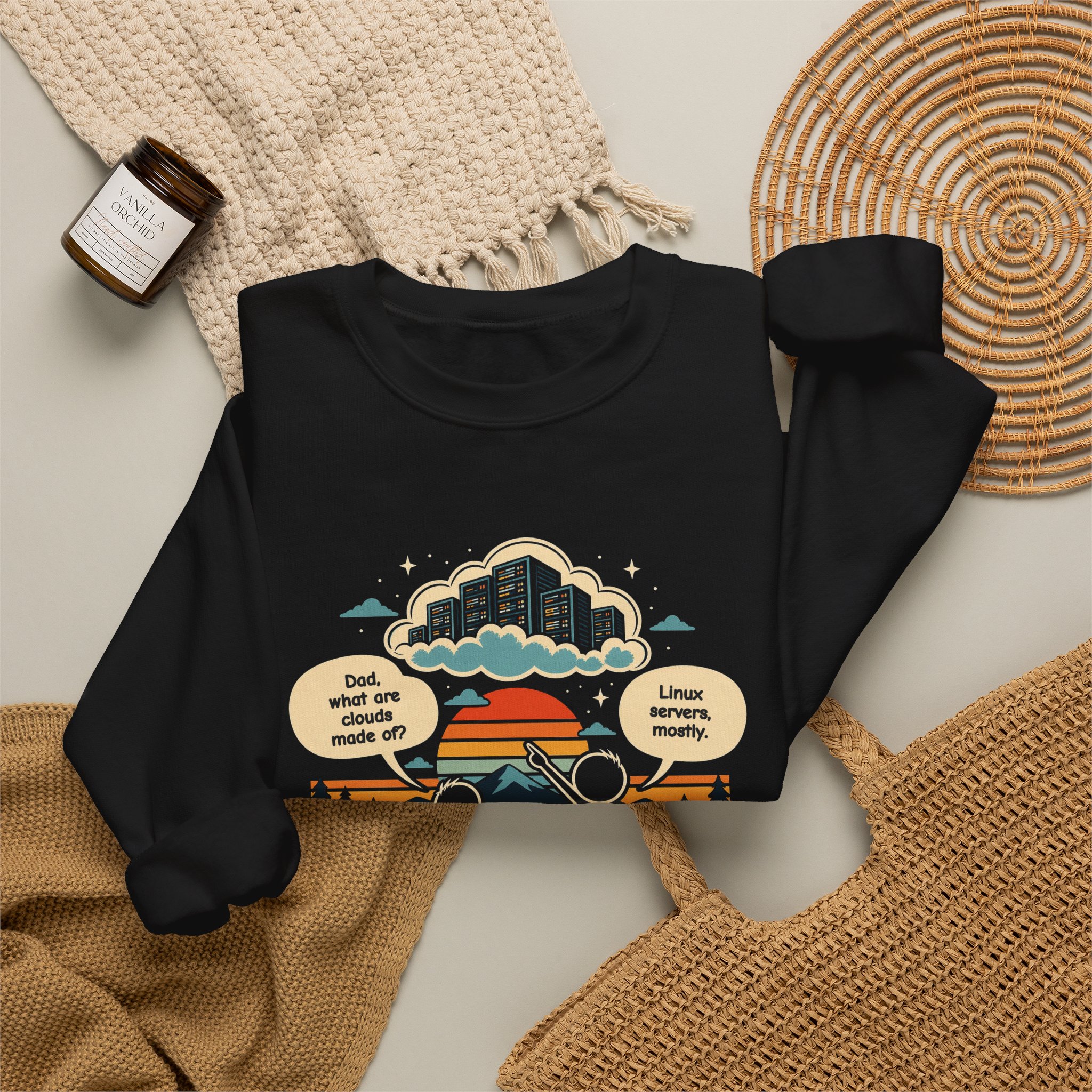 Linux Clouds crewneck sweatshirt in Black, folded 2