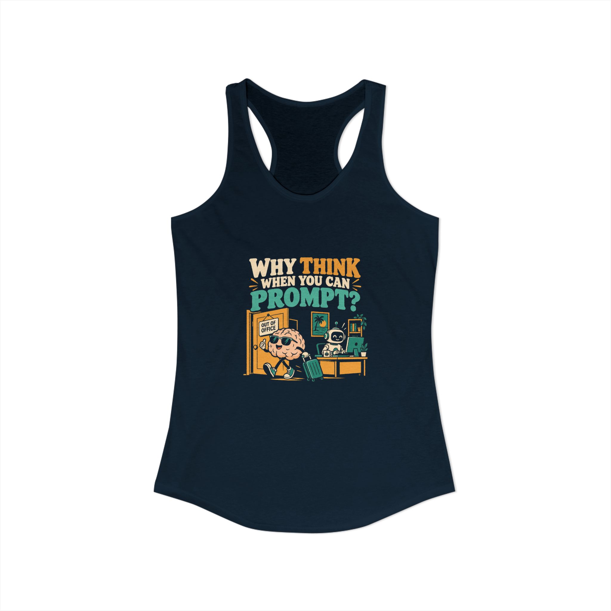 Prompt Out of Office women's racerback tank in Solid Midnight Navy, front view