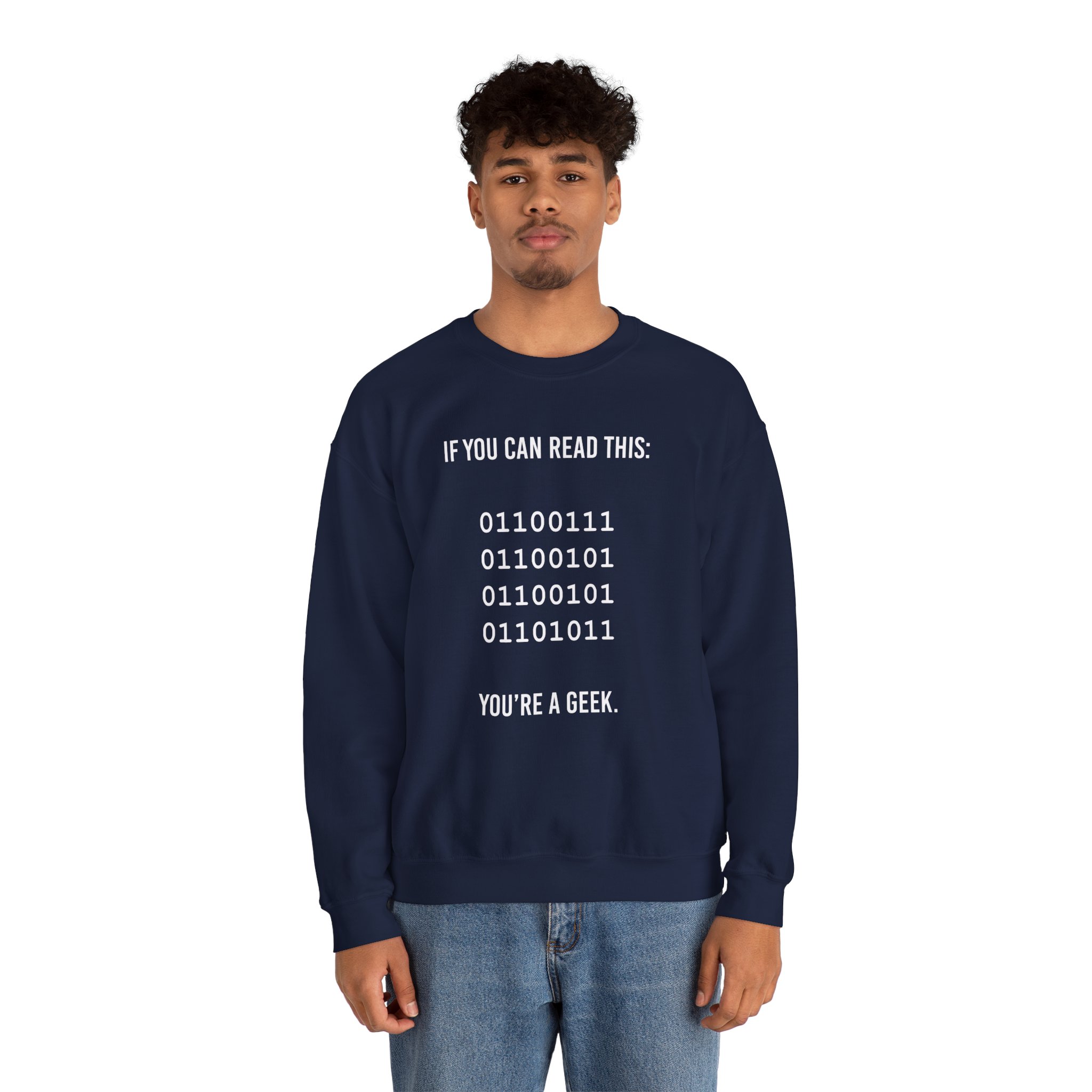 Geek Binary Code crewneck sweatshirt in Navy, worn by a model, second view