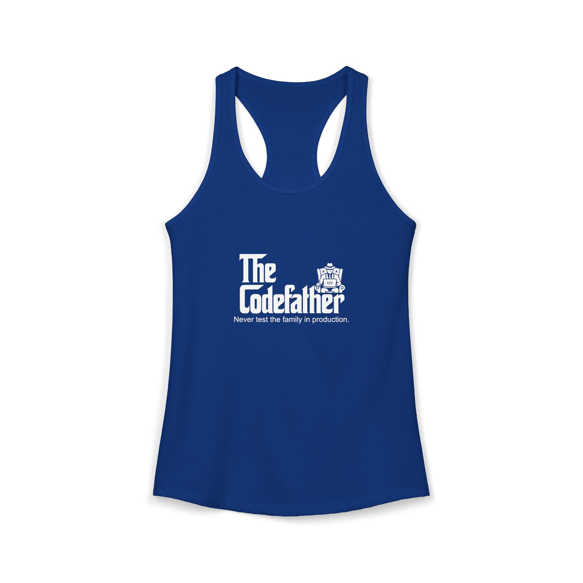 The Codefather women's racerback tank in Solid Royal, front 2