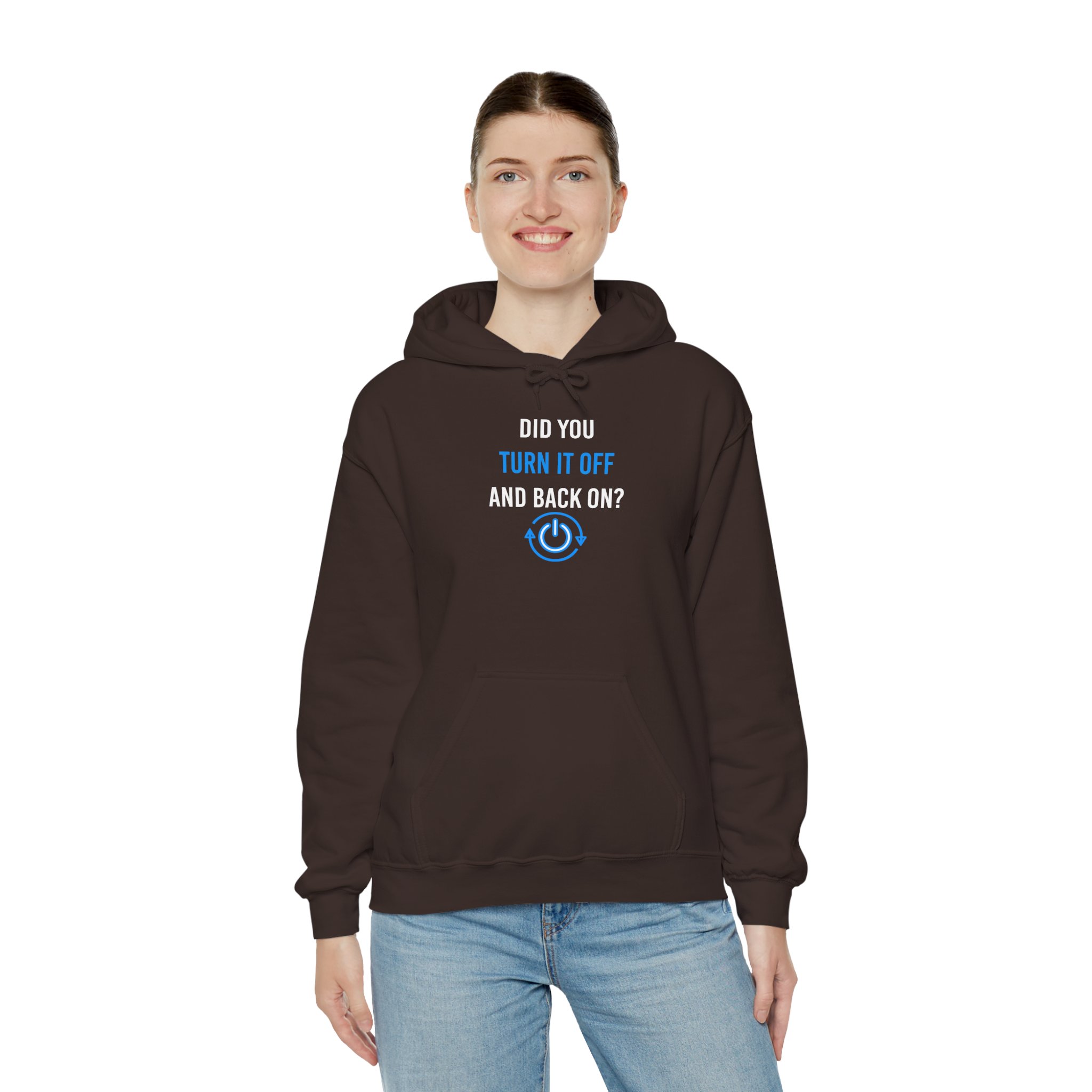 Did You Turn It Off and Back On? hoodie in Dark Chocolate, worn by a model, third view
