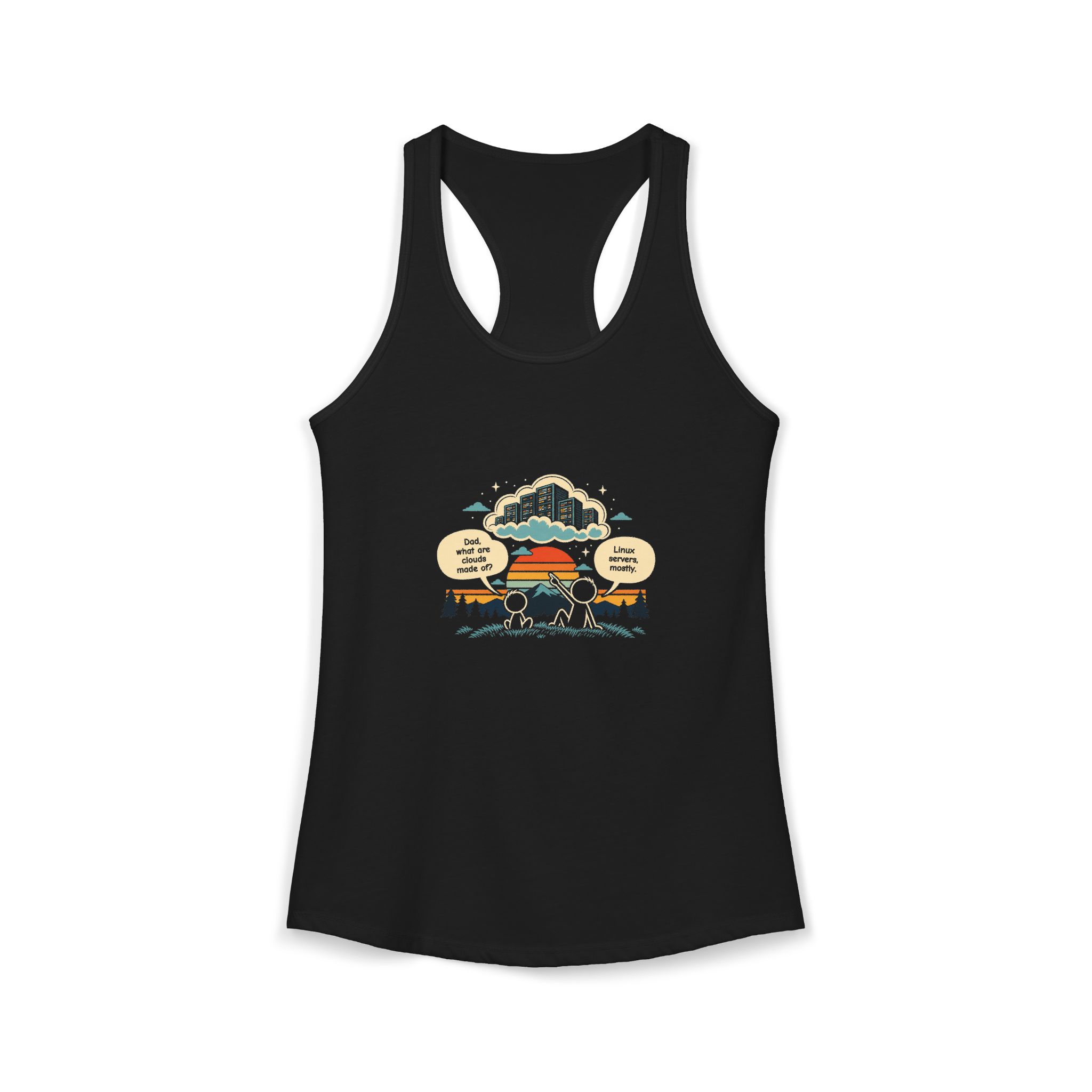 Linux Clouds women's racerback tank in Solid Black, front 2