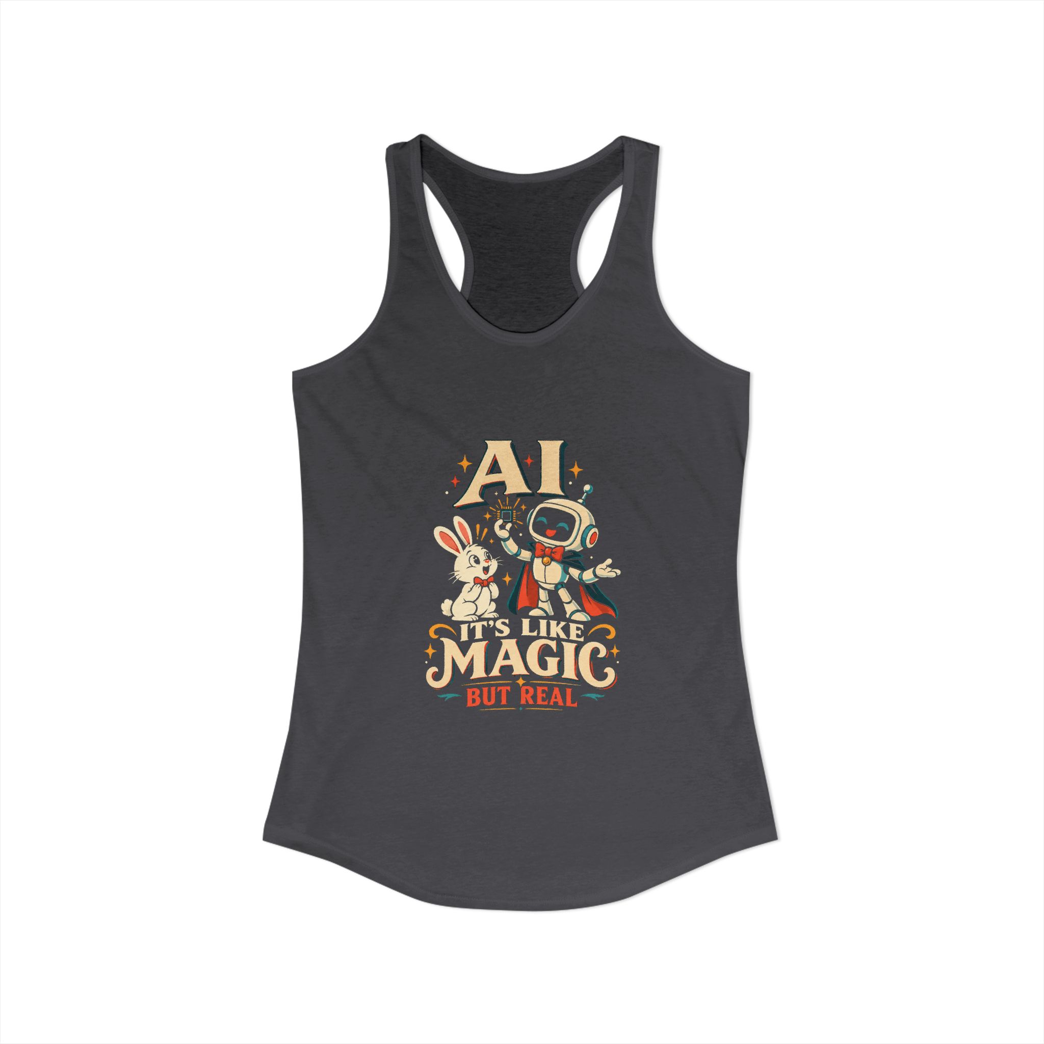 AI Magic Bunny women's racerback tank in Solid Dark Gray, front view