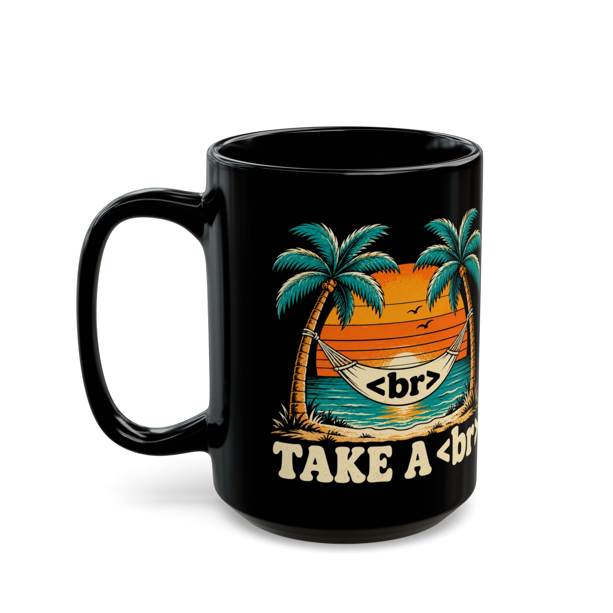 Take a Break Hammock black mug, 15 oz, left side