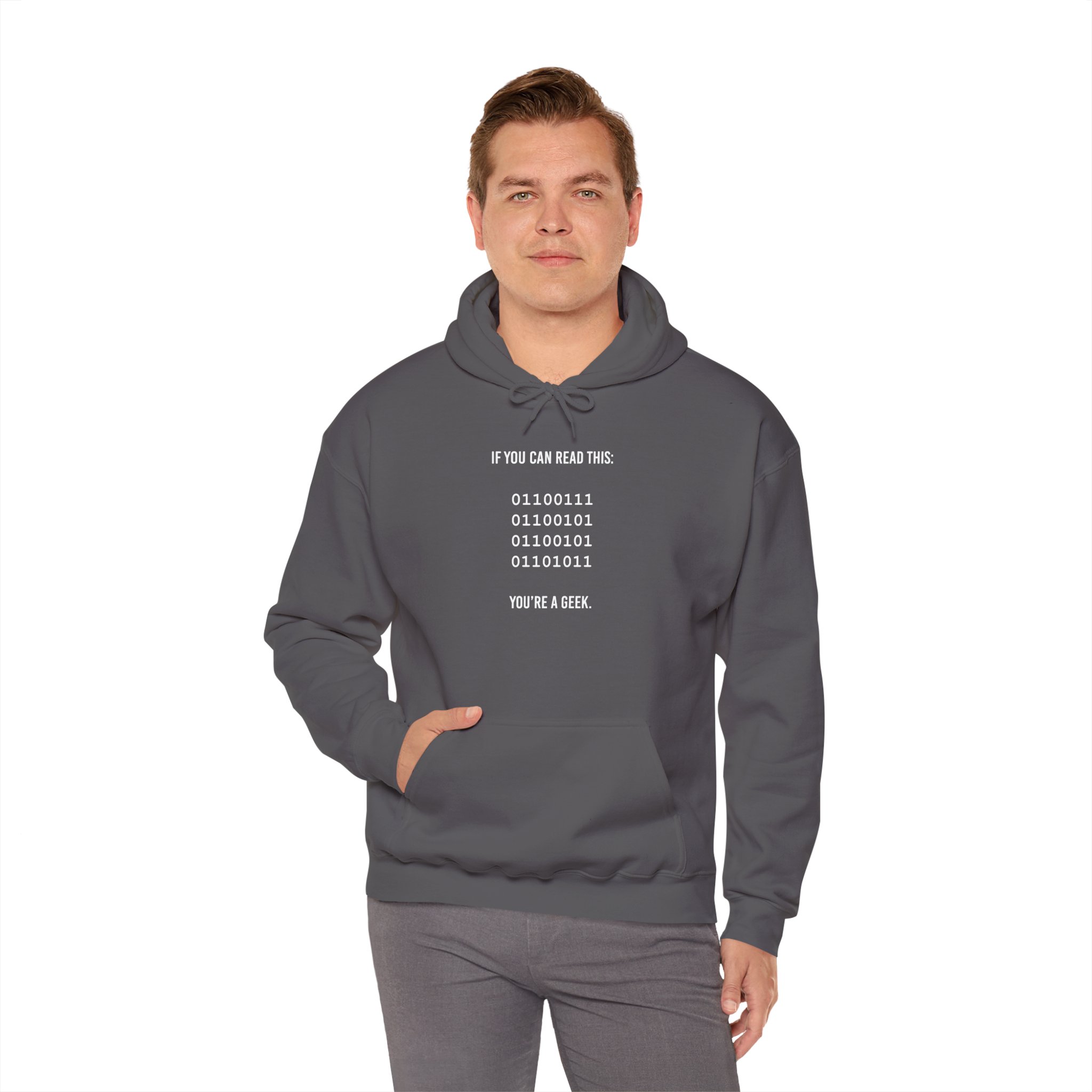 Geek Binary Code hoodie in Charcoal, worn by a model, fourth view