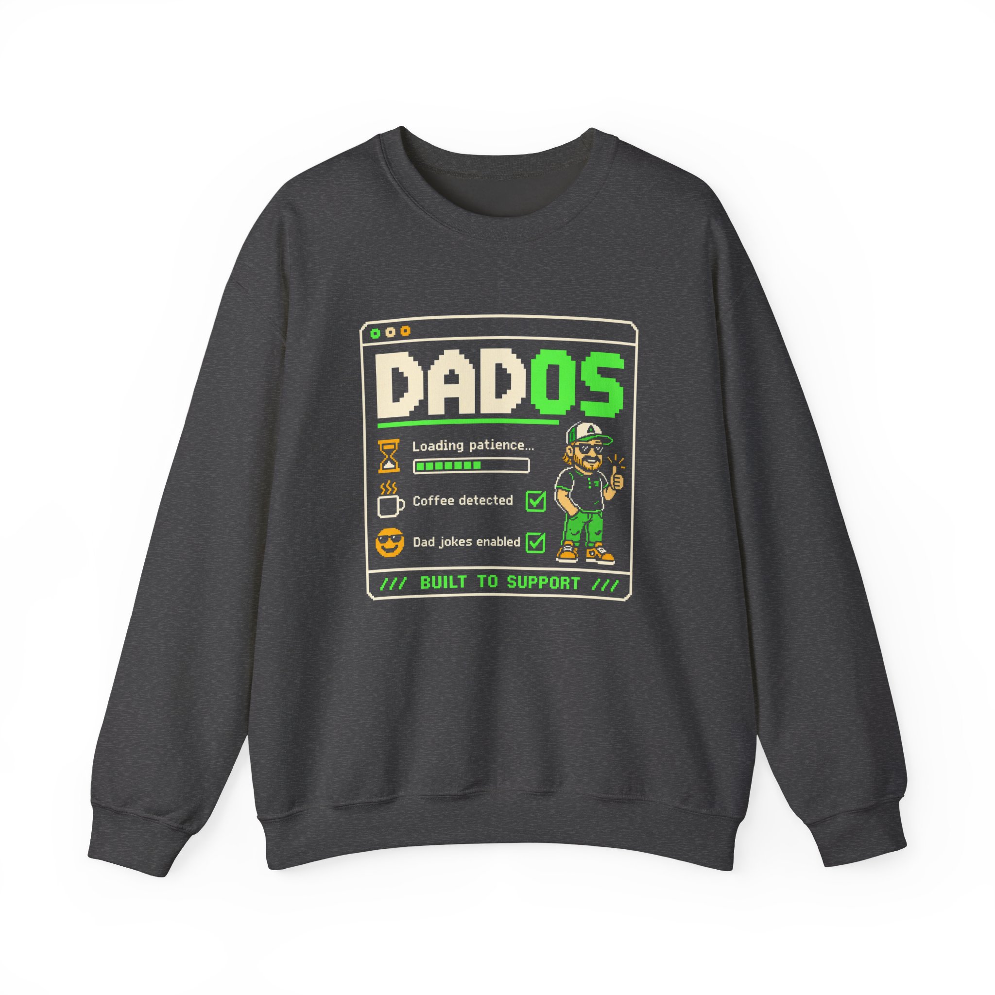 DadOS crewneck sweatshirt in Dark Heather, front view
