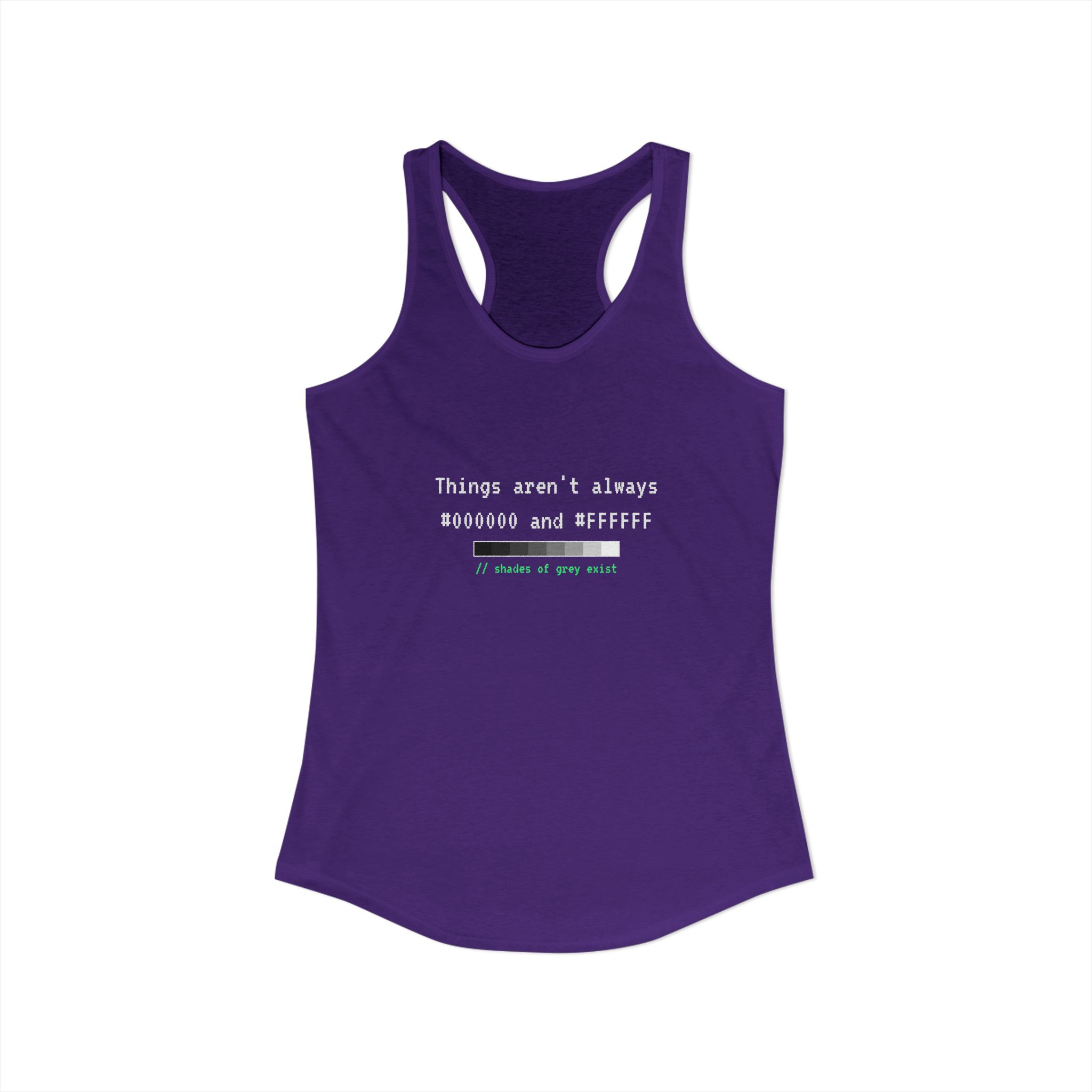 Shades of Grey Exist women's racerback tank in Solid Purple Rush, front view