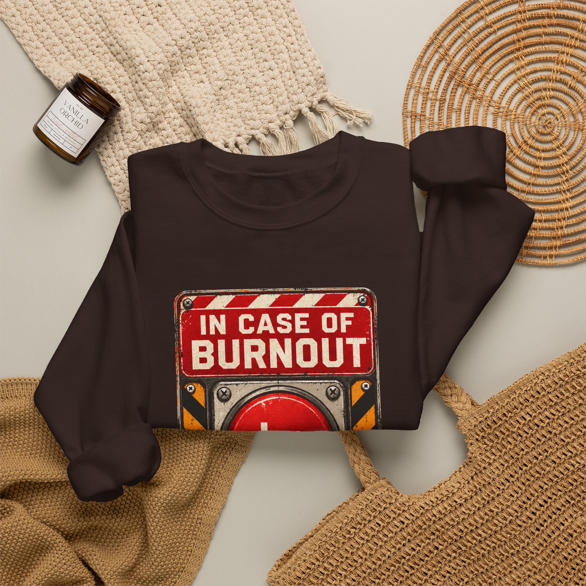 In Case of Burnout crewneck sweatshirt in Dark Chocolate, folded 2