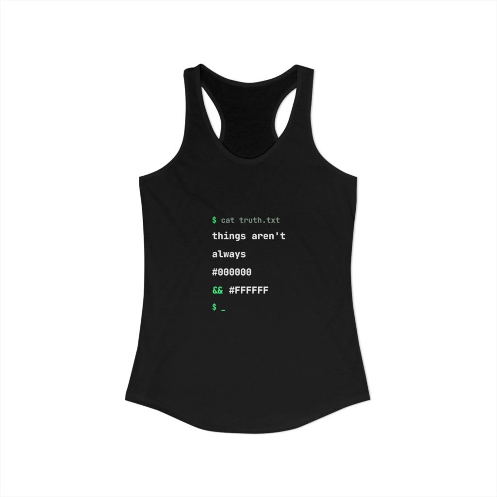 cat truth.txt women's racerback tank in Solid Black, front view
