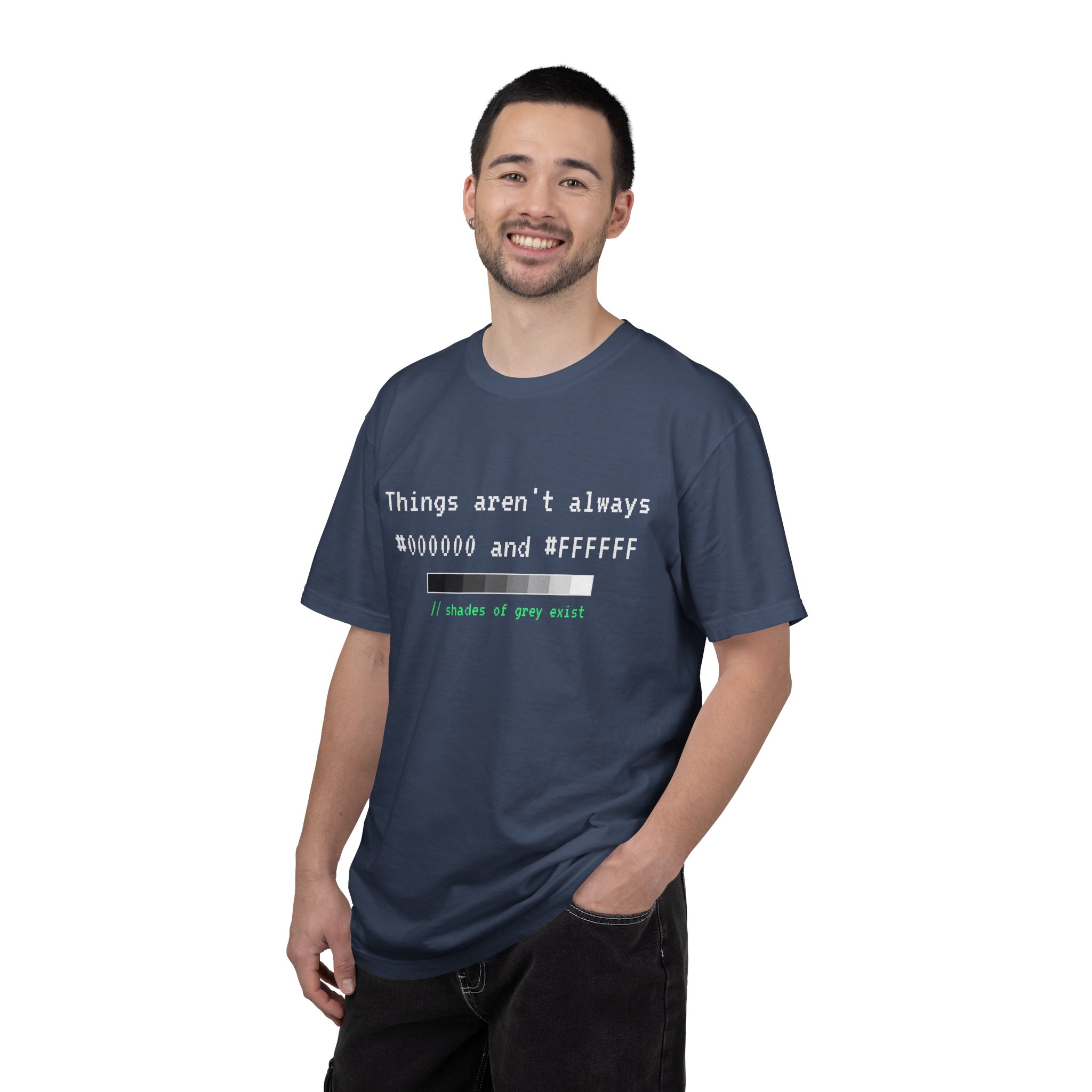 Shades of Grey Exist T-shirt in Midnight, worn by a man